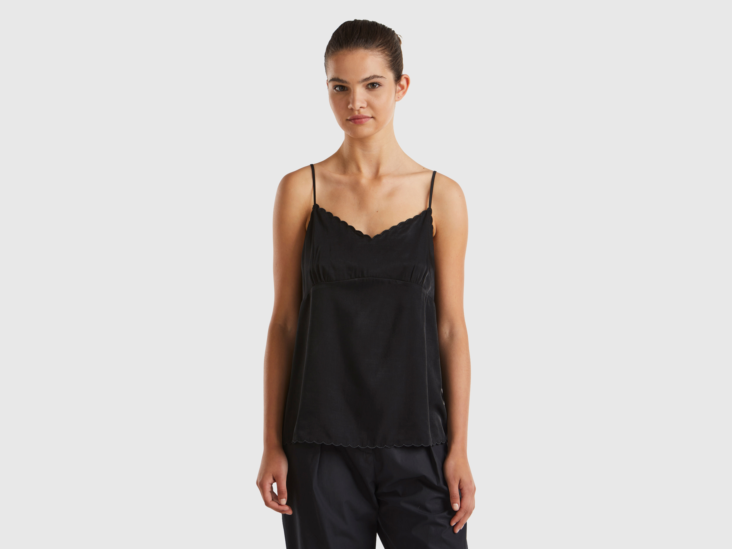 Benetton, Blusa In Misto Viscosa, Nero, Donna