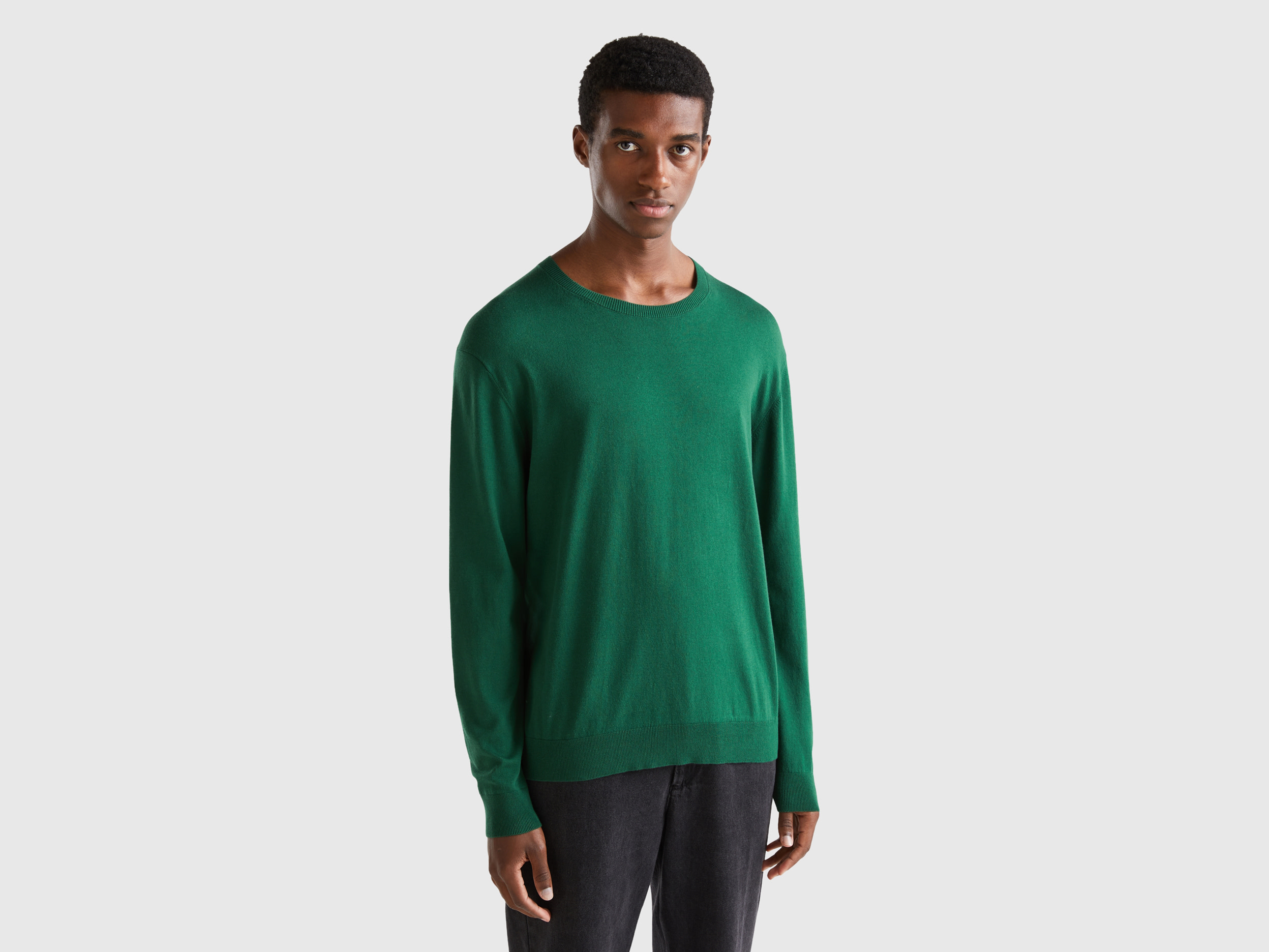 Benetton, Crew Neck Sweater In Lightweight Cotton Blend, size S, Dark Green, Men