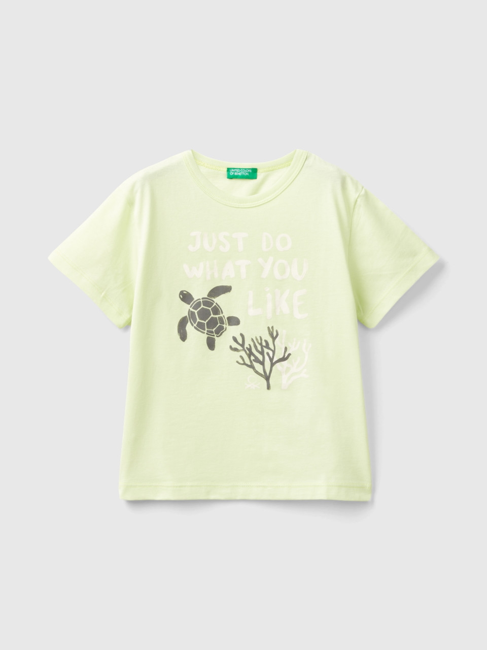 Benetton, T-shirt In Organic Cotton With Print, Lime, Kids