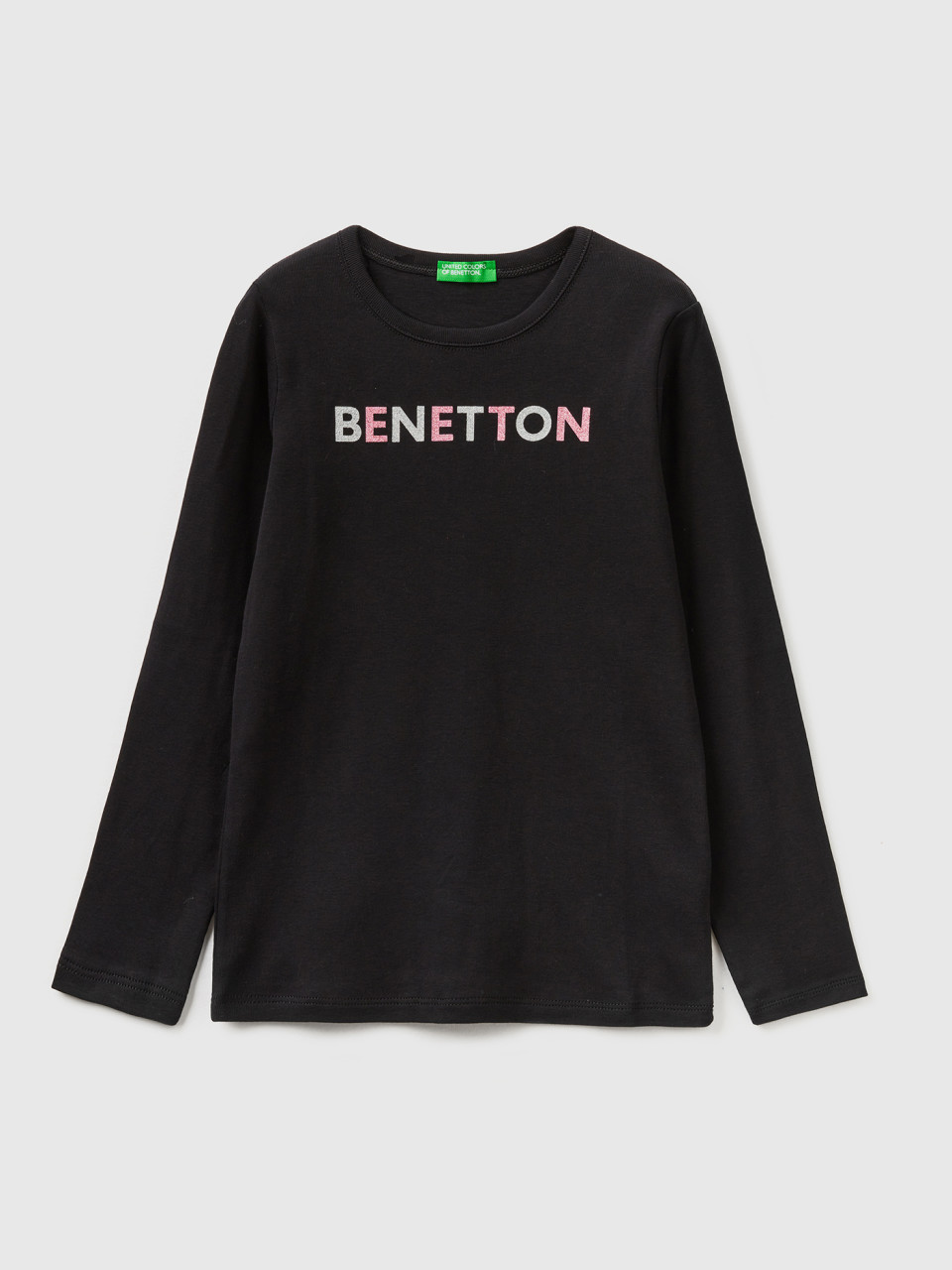 Benetton, T-shirt Mit Langen Ärmeln Und Glitzerprint, Schwarz, female