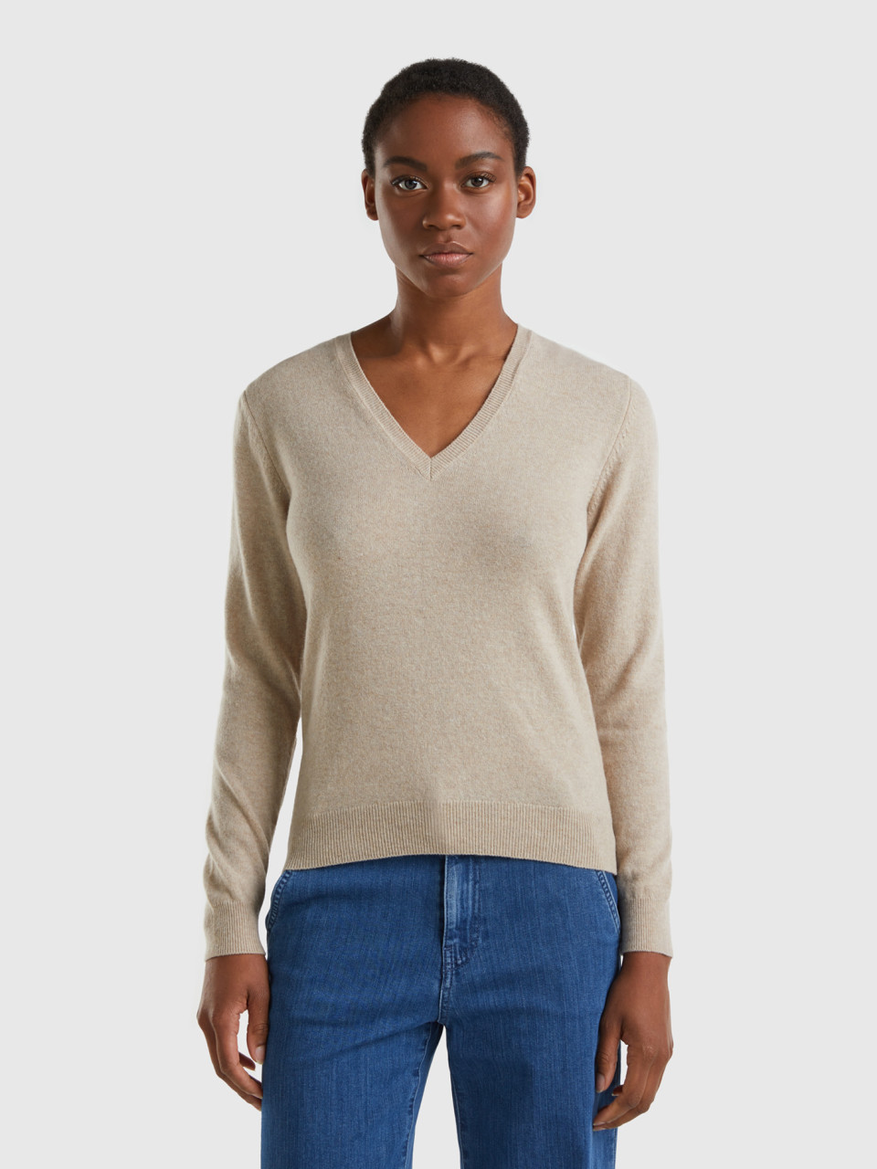 Benetton, Beige V-neck Sweater In Pure Merino Wool, Beige, Women