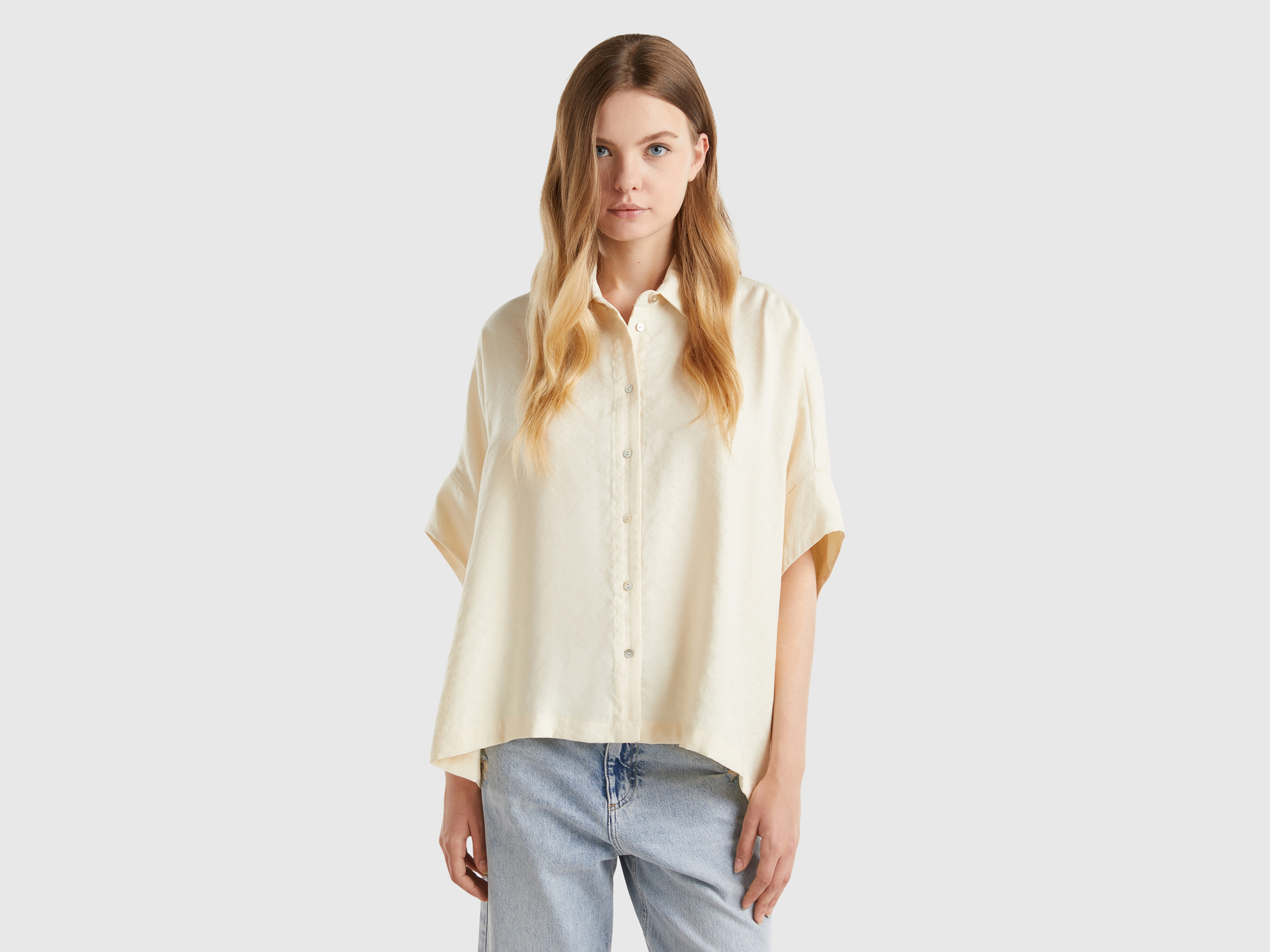 Benetton, Camicia Over Fit In Misto Modal®, Bianco Panna, Donna