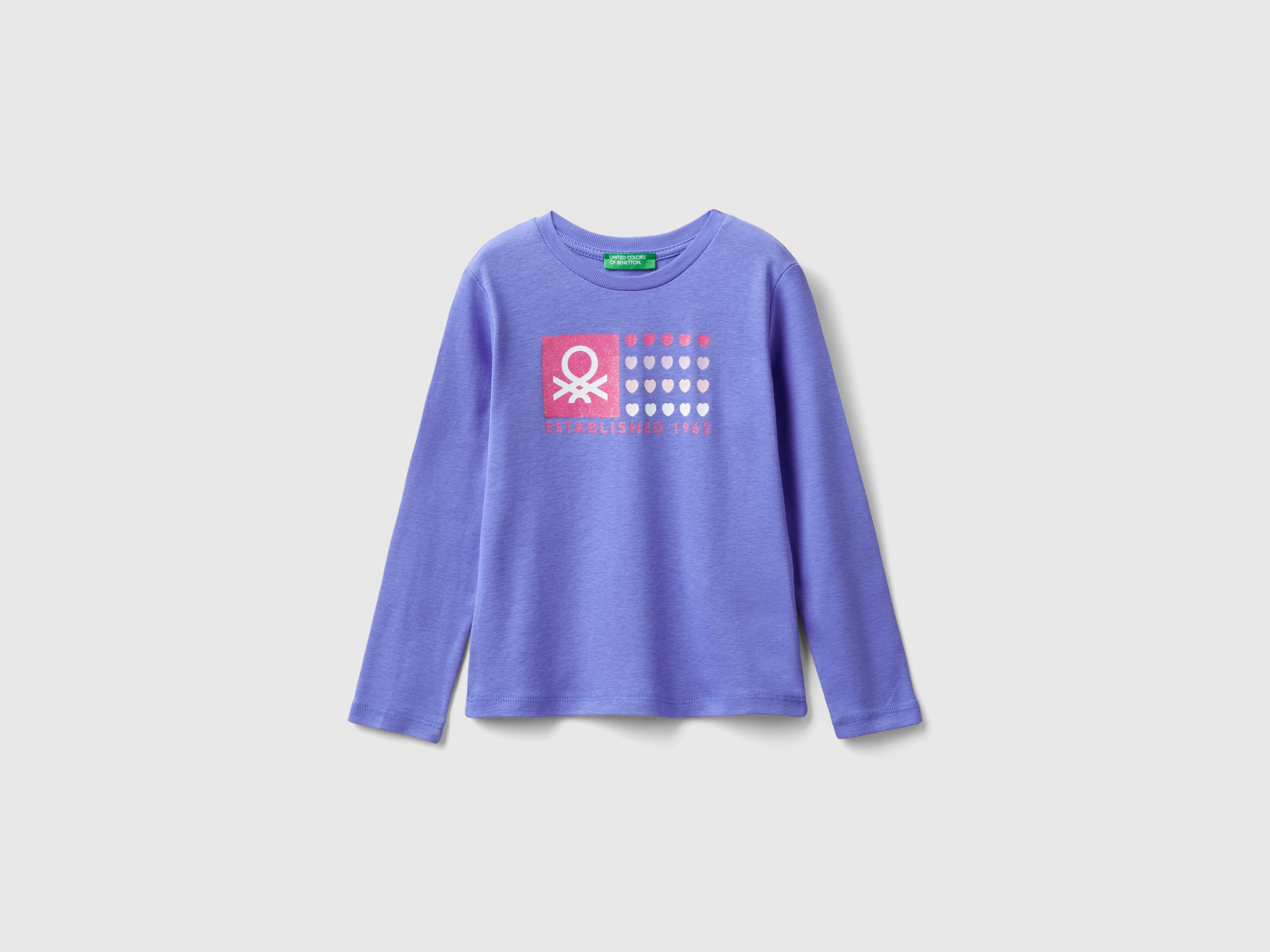 Benetton, T-shirt Con Stampa Glitter In Cotone Bio, Pervinca, Bambini