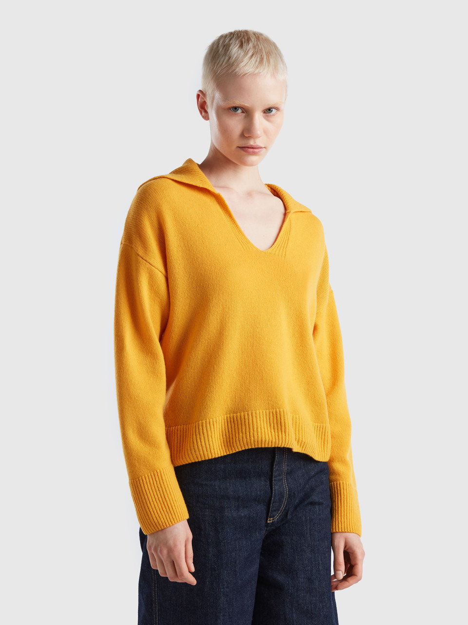 Benetton, Boxy Fit Sweater With Polo Collar, Yellow, Women