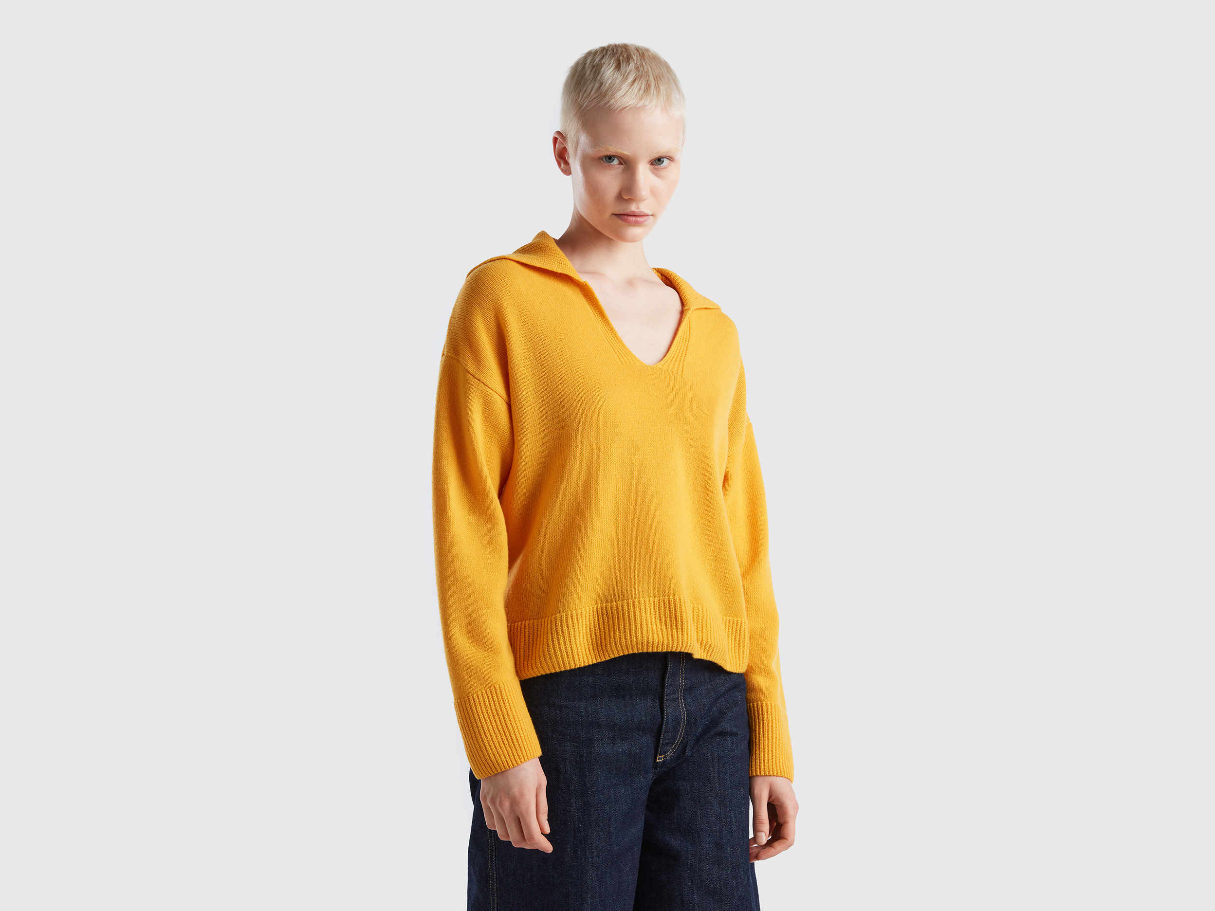 Benetton, Boxy Fit Sweater With Polo Collar, size L, Yellow, Women