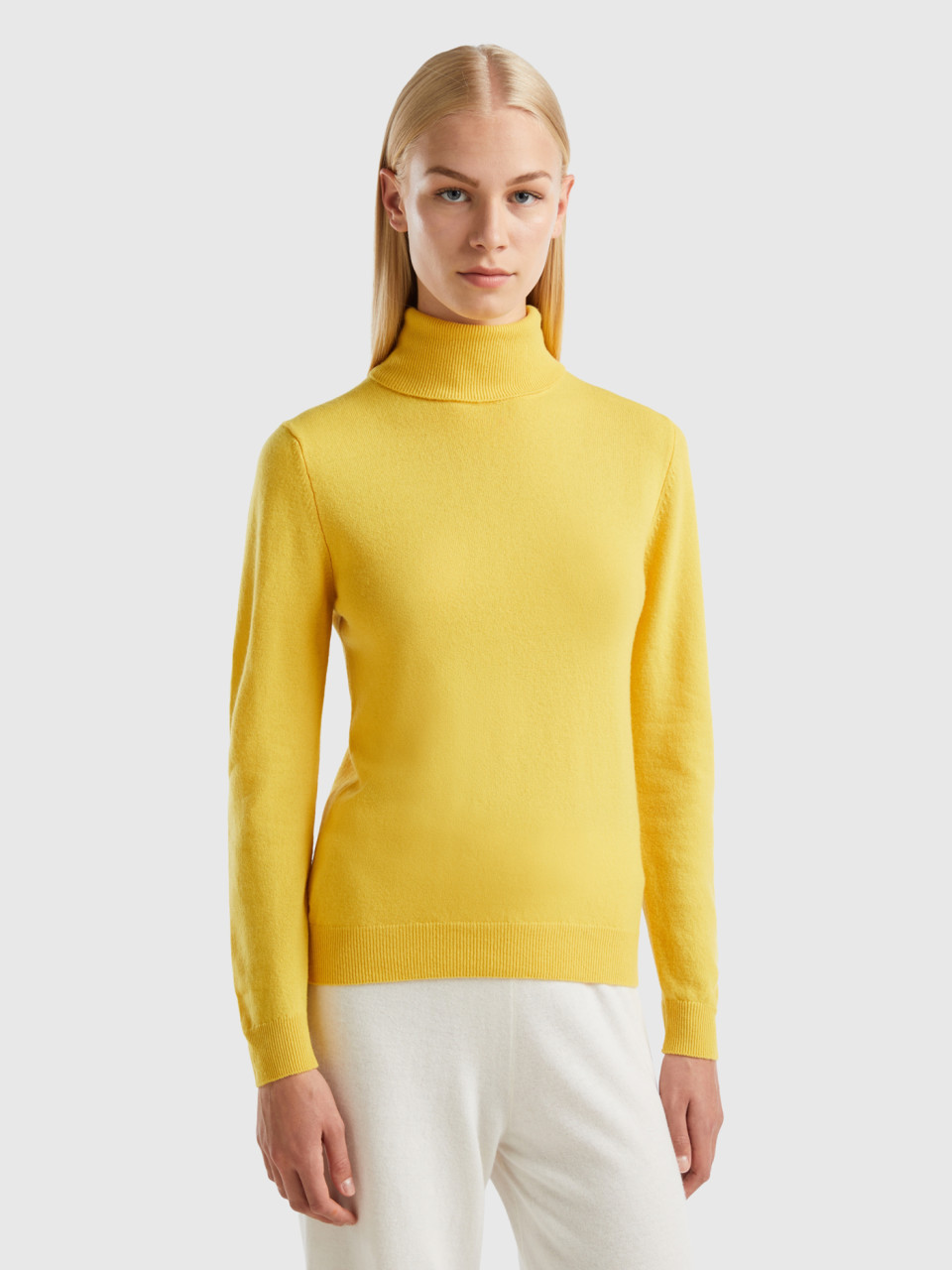 Benetton, Yellow Turtleneck In Pure Merino Wool, Yellow, Women
