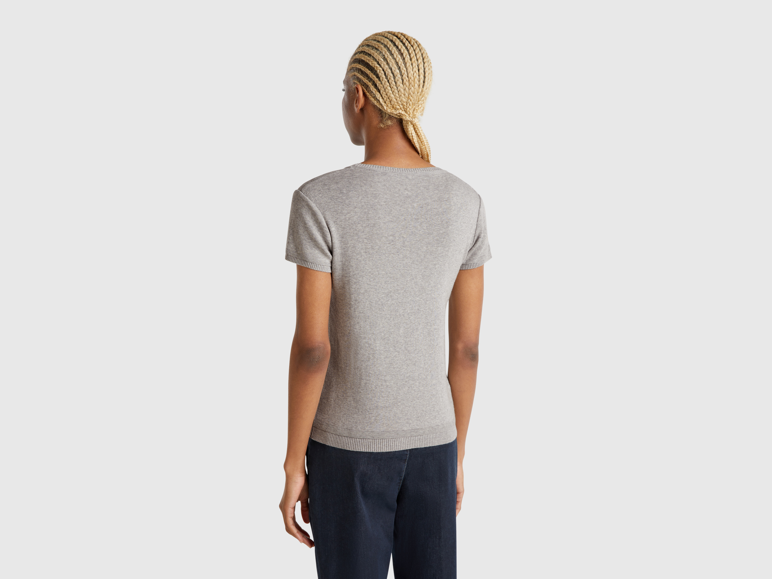Benetton, Μπλούζα Κοντομάνικη Από 100% Βαμβακερό, size M, Ανοιχτο Γκρι, Γυναικεία φωτογραφία