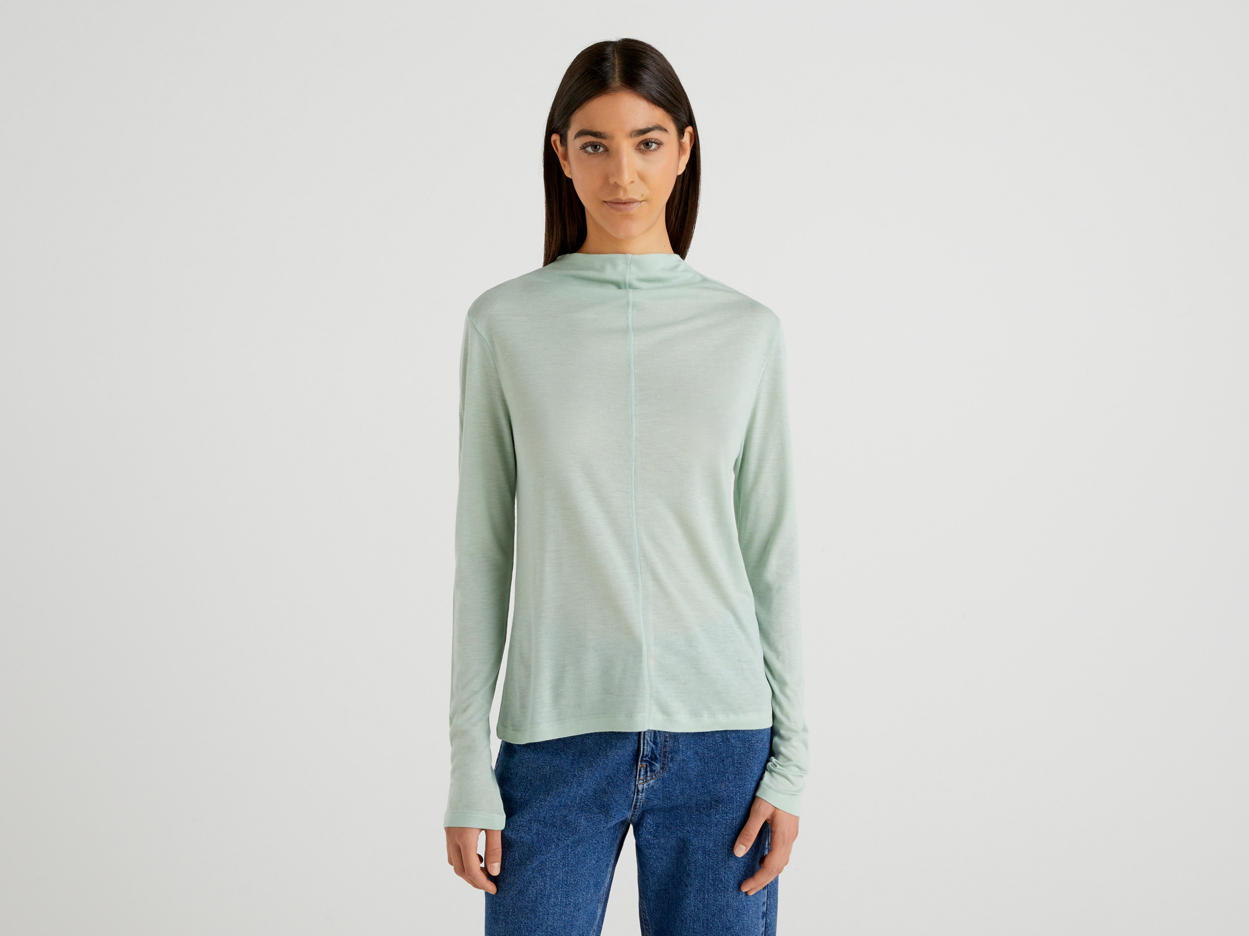 Benetton, T-shirt En Mélange De Laine Et De Viscose, taille XS, Gris Clair, Femme