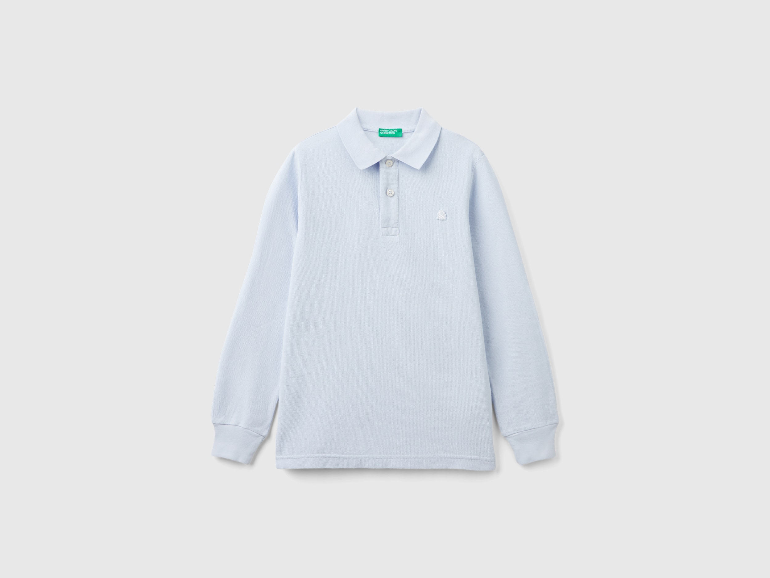Benetton, Polo Manica Lunga 100% Cotone Bio, Celeste, Bambini