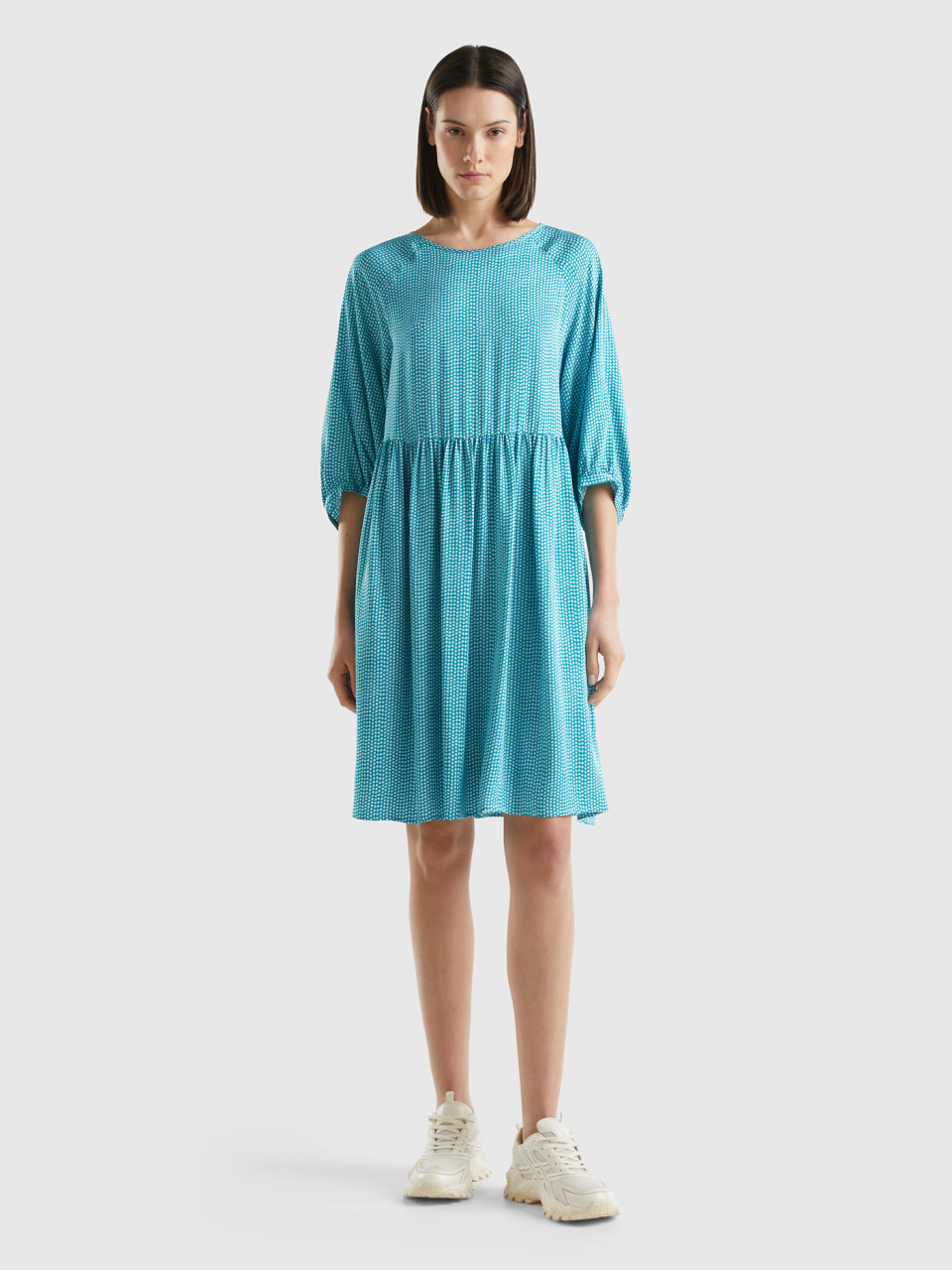 Benetton, Short Patterned Dress, Teal, Women