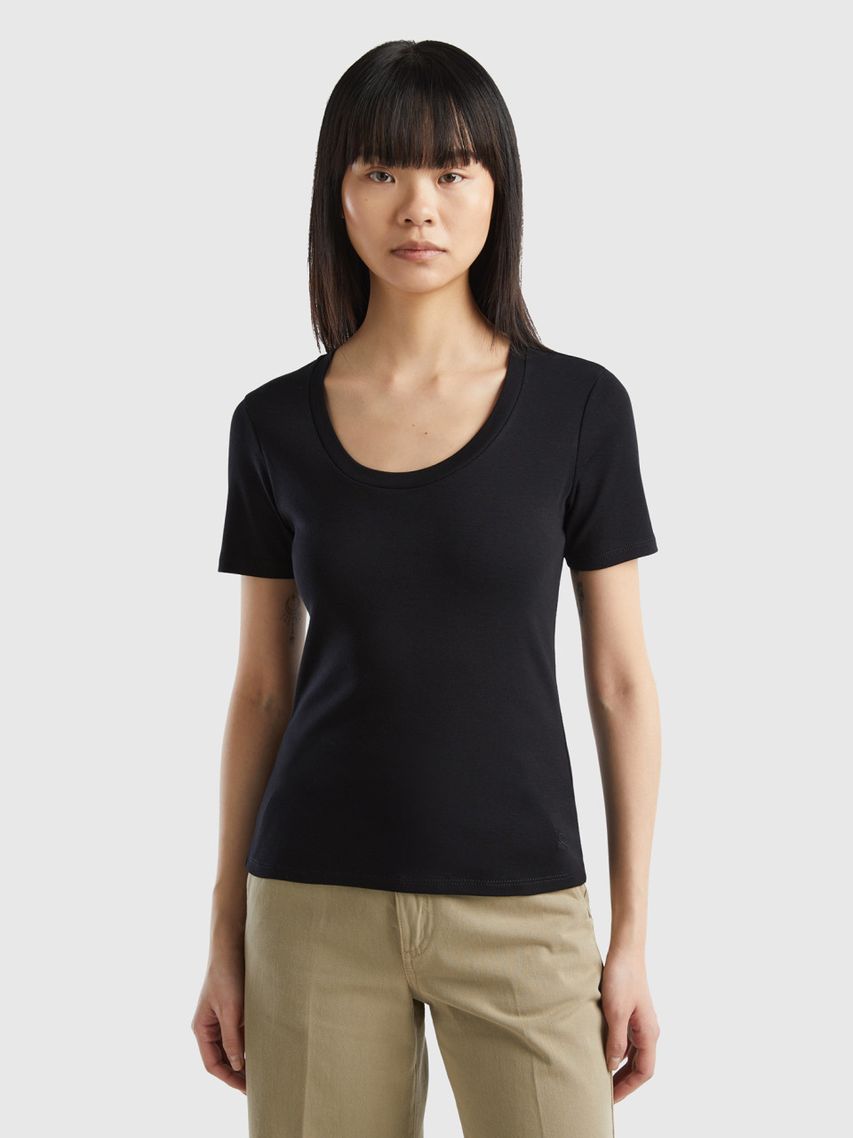 Benetton, Kurzärmeliges T-shirt Aus Langfaser-baumwolle, Schwarz, female