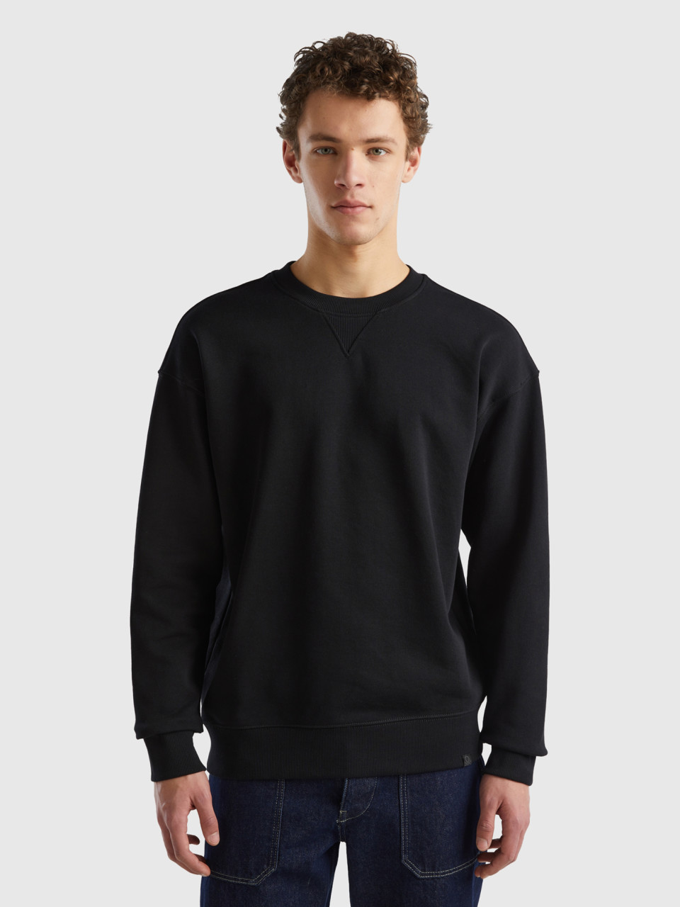 Benetton, 100% Cotton Pullover Sweatshirt, Black, Men