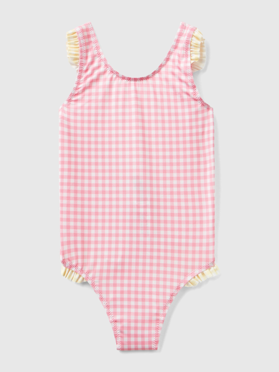 Benetton, Vichy One-piece Swimsuit With Flounces, Pink, Kids