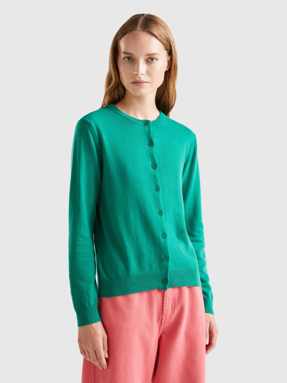 Benetton, Forest Green Cardigan In Cashmere And Wool Blend, Green, Women