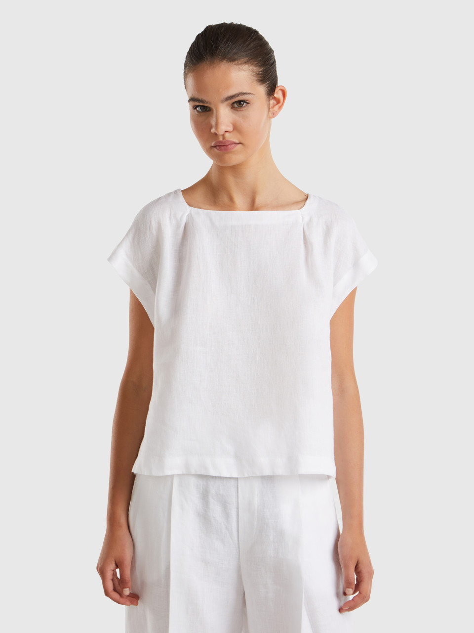 Benetton, Square Neck Blouse In Pure Linen, White, Women