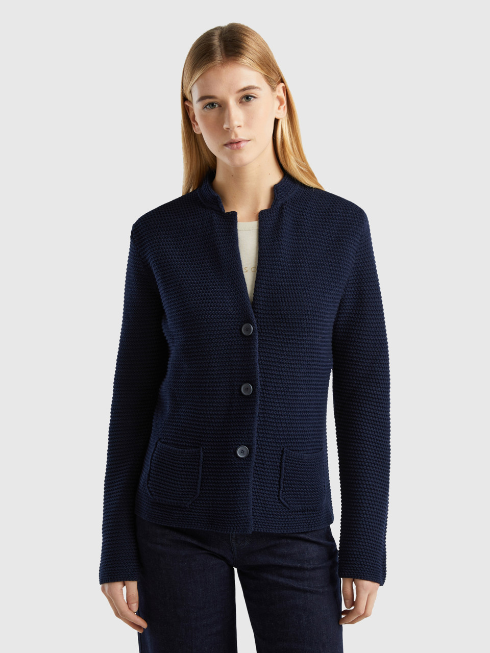 Benetton Online exclusive, 100% Cotton Knit Jacket, Dark Blue, Women