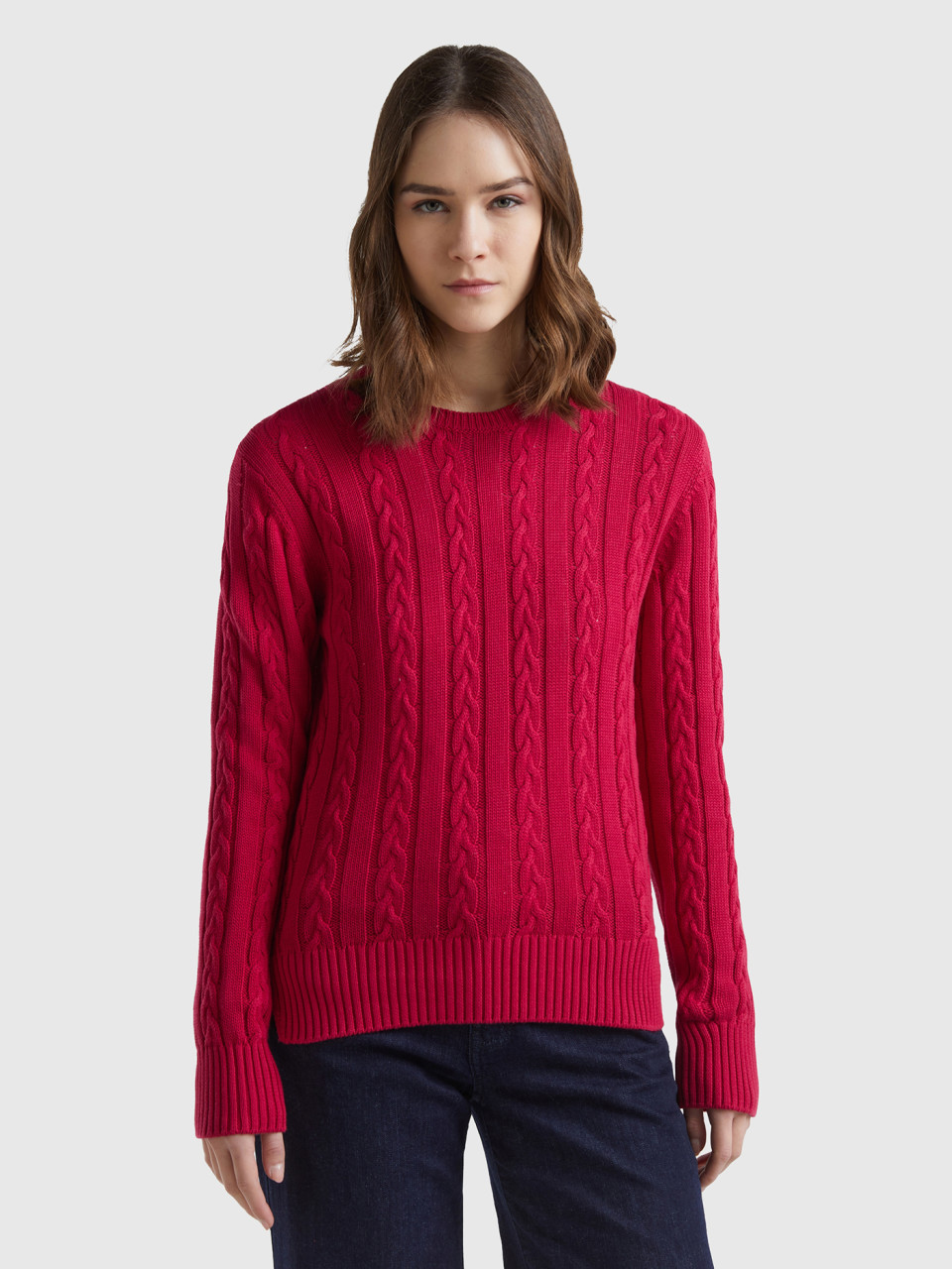 Benetton, Cable Knit Sweater 100% Cotton, Cyclamen, Women