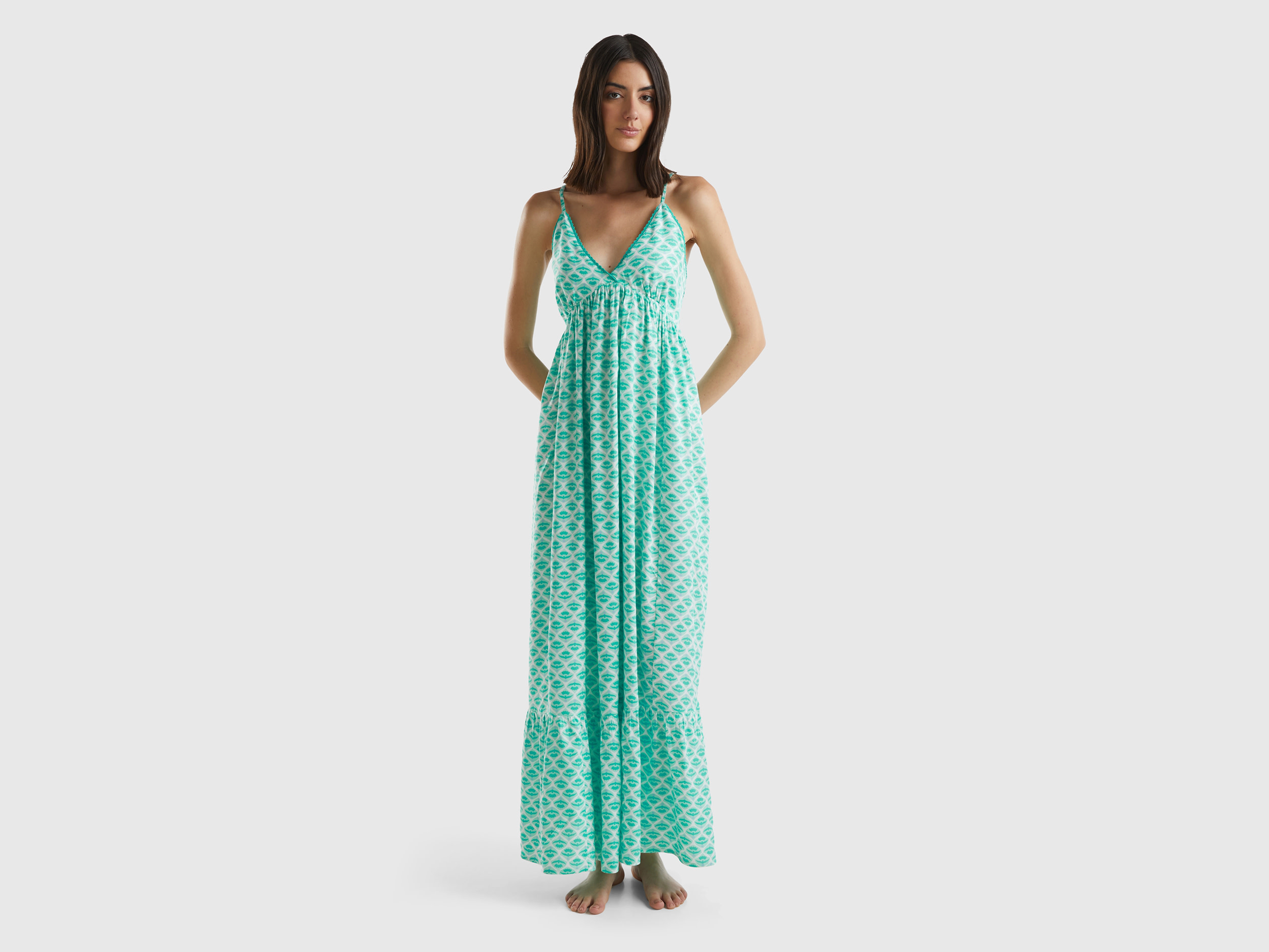 Benetton, Vestito Con Stampa Floreale, Verde Acqua, Donna
