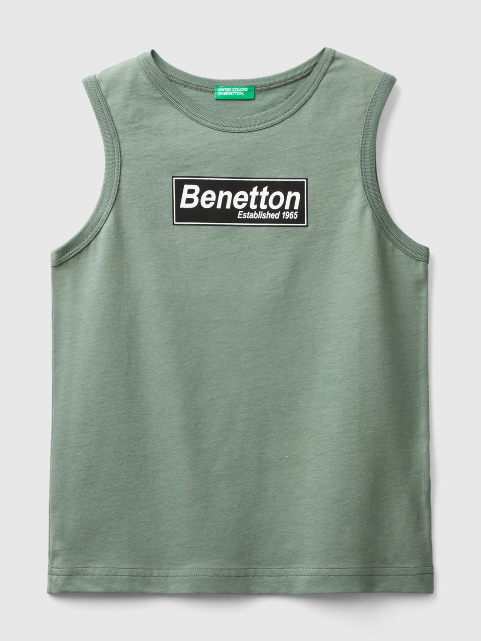 Benetton, Canotta 100% Cotone Bio Con Logo, Verde Militare, Bambini