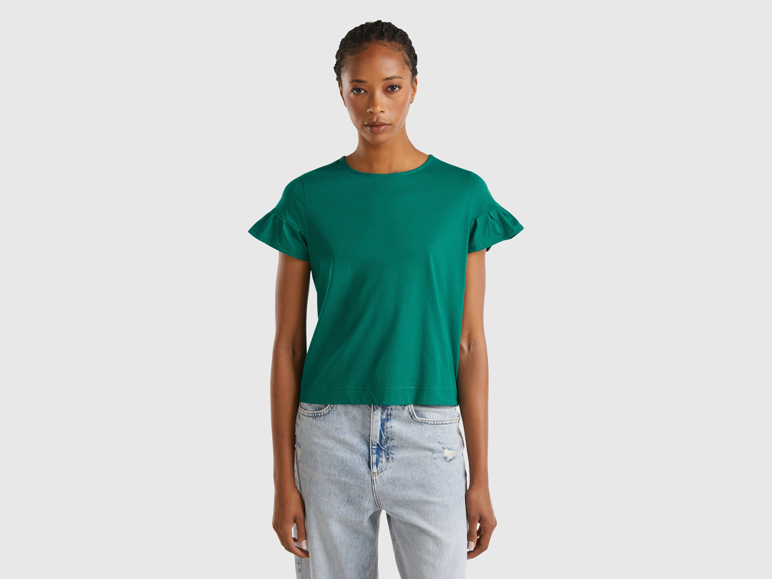 Benetton, T-shirt Con Manica Rouches, Verde Scuro, Donna