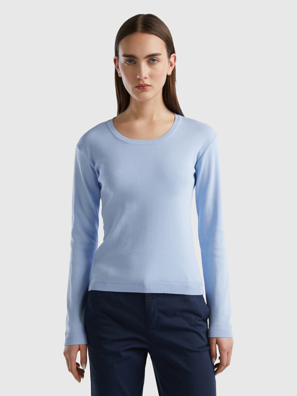 Benetton, Crew Neck Sweater In Pure Cotton, Sky Blue, Women