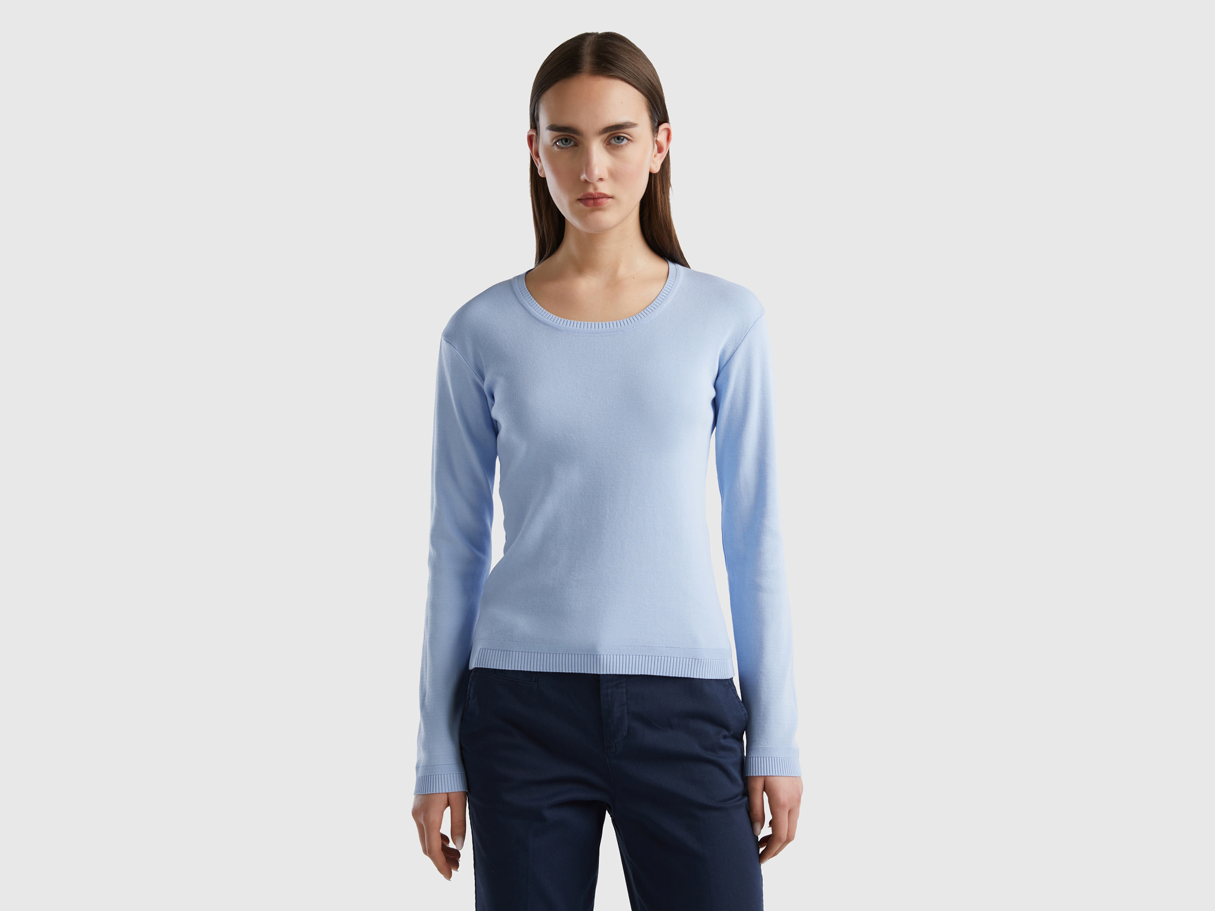 Benetton, Crew Neck Sweater In Pure Cotton, size XL, Sky Blue, Women