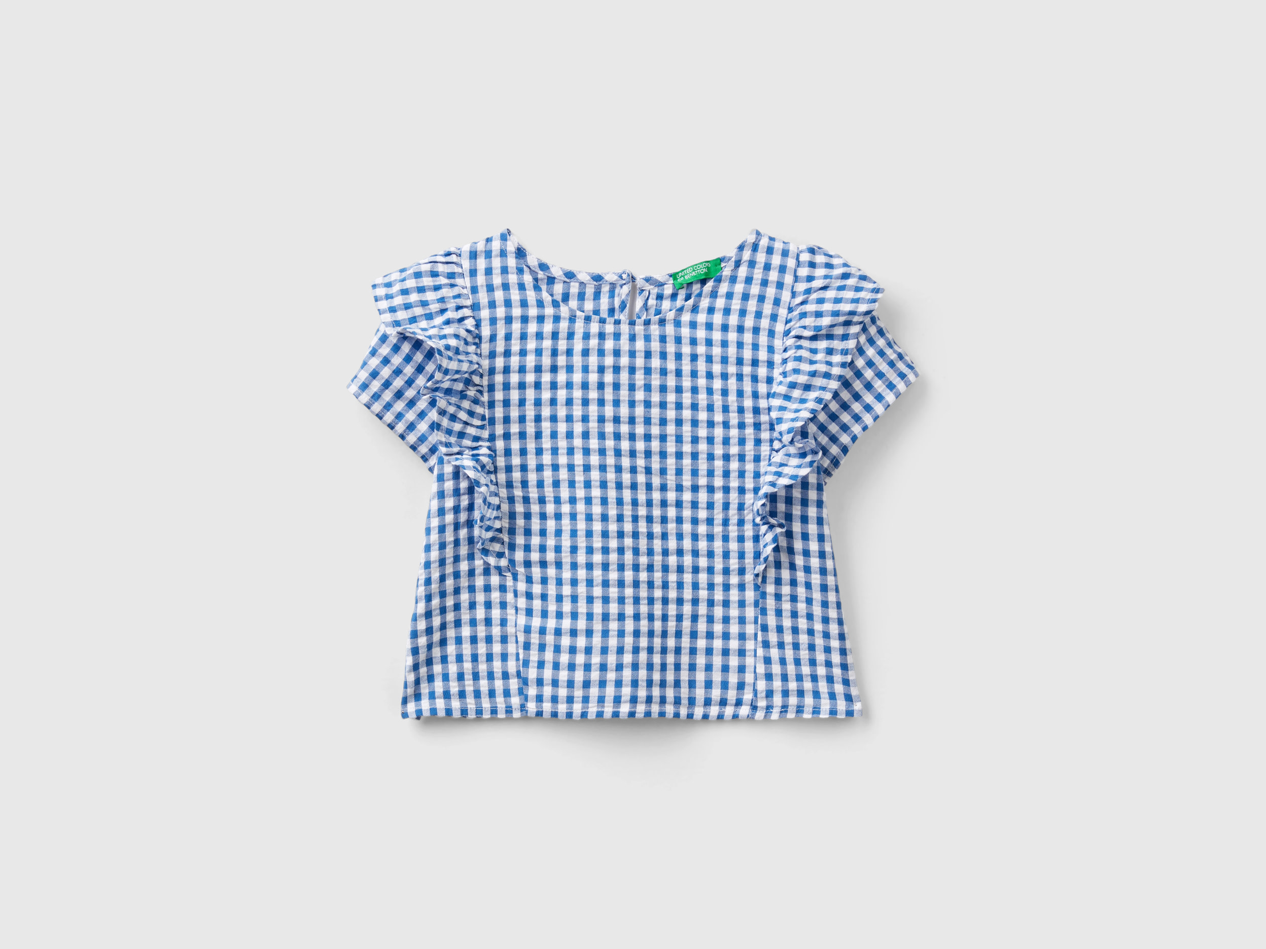 Benetton, Camicetta Vichy Con Rouches, Blu, Bambini