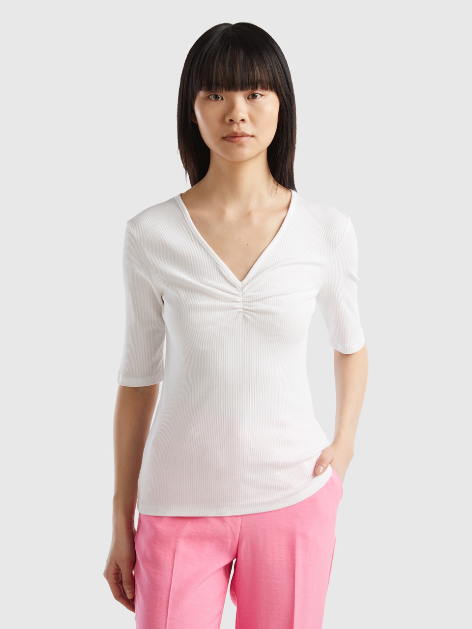 Benetton, V-neck Slim Fit T-shirt, White, Women