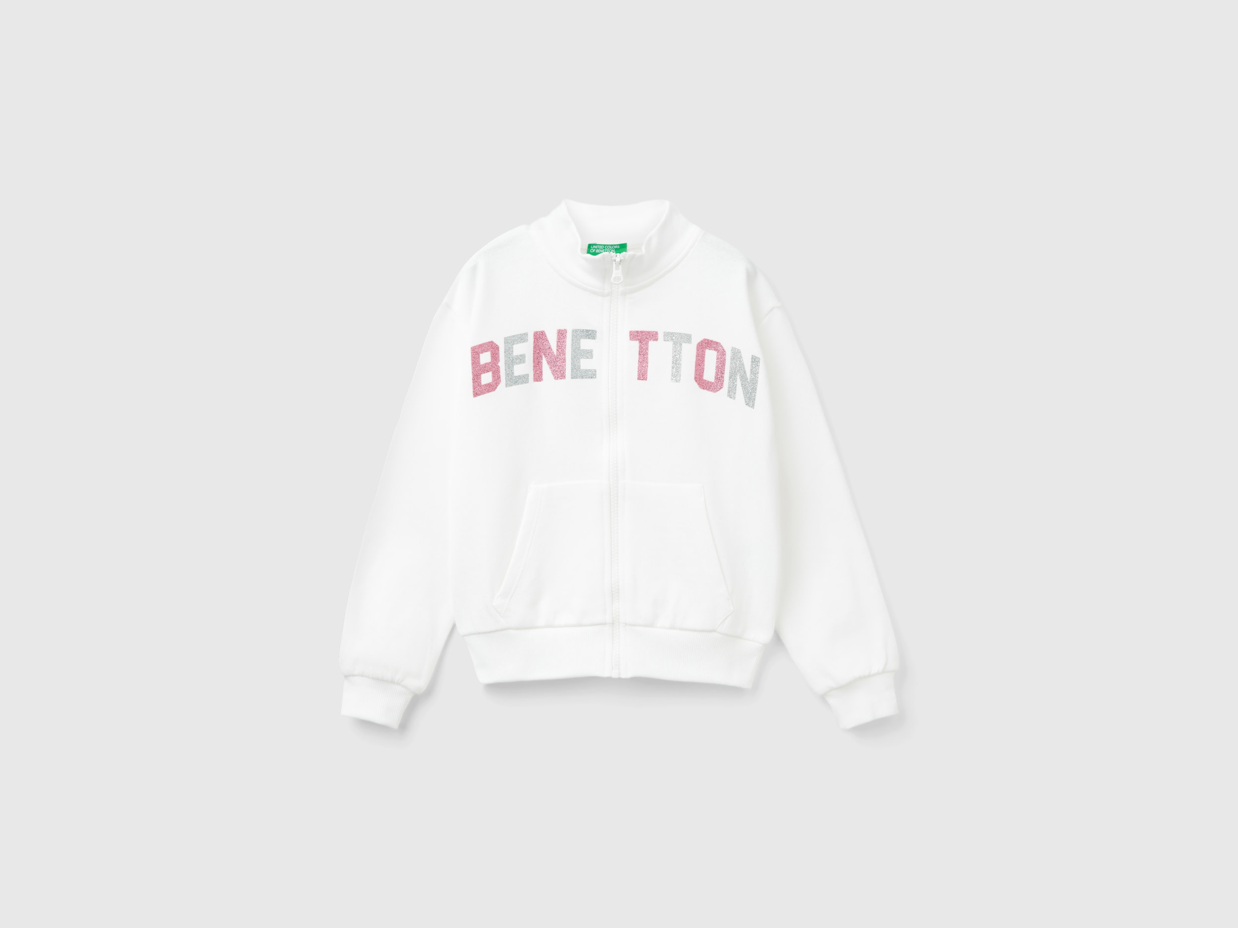 Benetton, Felpa Con Zip E Colletto, Bianco Panna, Bambini