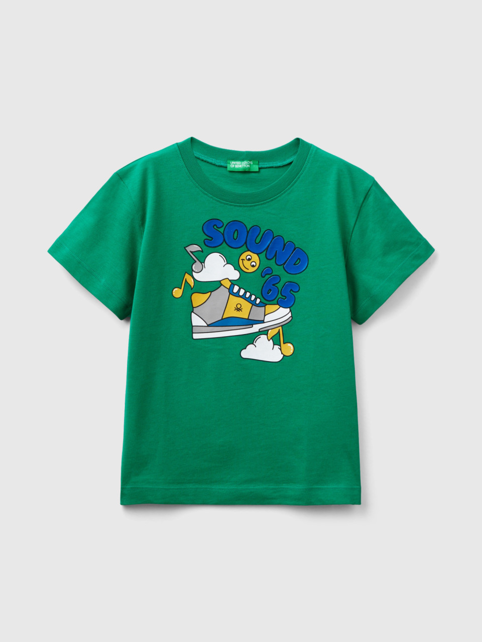 Benetton, T-shirt With Embossed Print, Green, Kids
