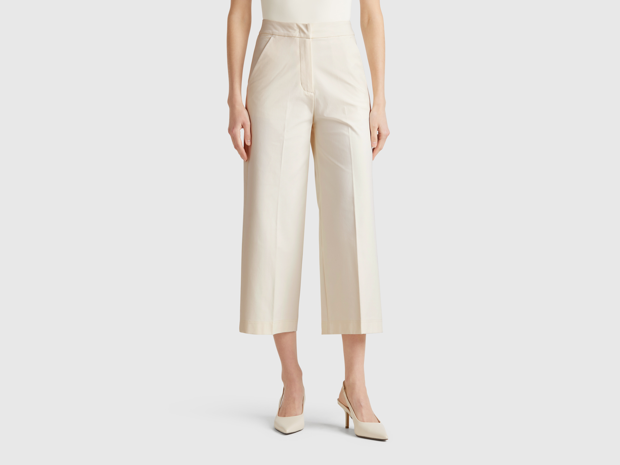  Benetton, Παντελόνι Cropped Ψηλόμεσο, size , Λευκο Κρεμ, Γυναικεία 2025