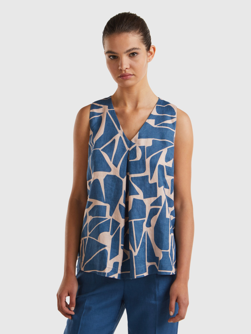 Benetton, Printed Linen Blouse, Air Force Blue, Women