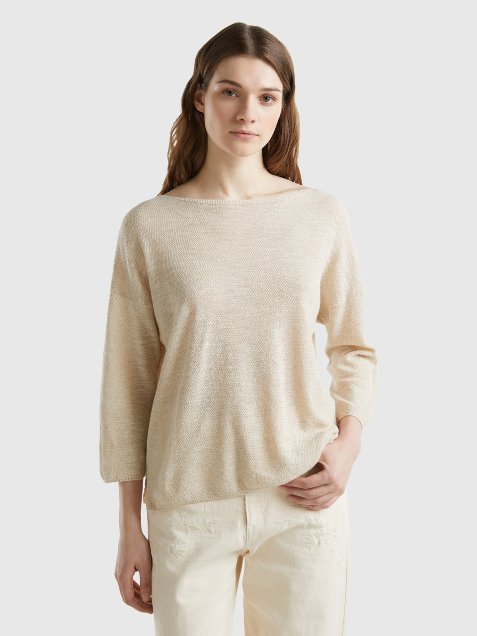 Benetton, Sweater In Linen Blend With 3/4 Sleeves, Creamy White, Women