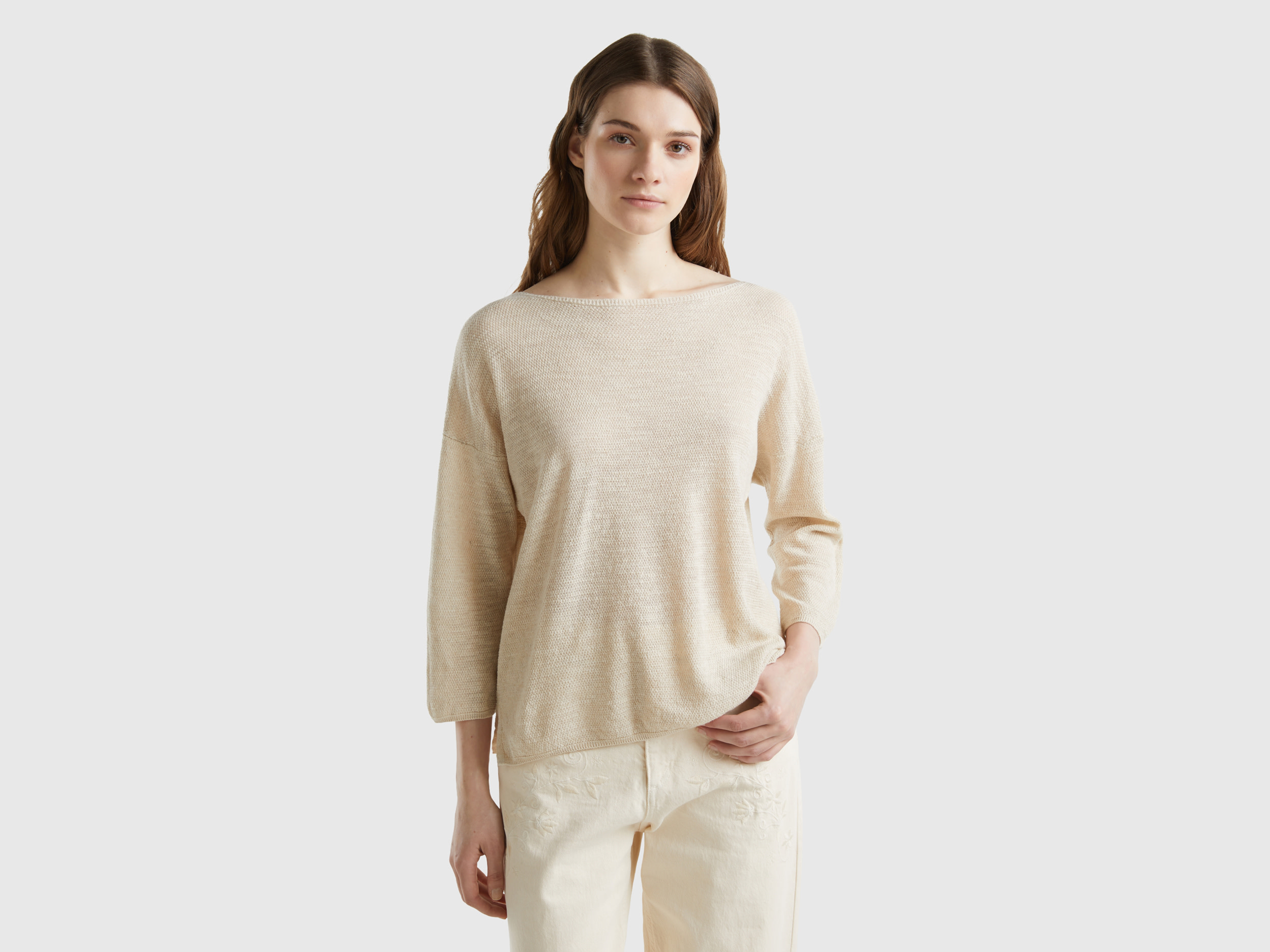Benetton, Maglia In Misto Lino Con Manica A 3/4, Bianco Panna, Donna