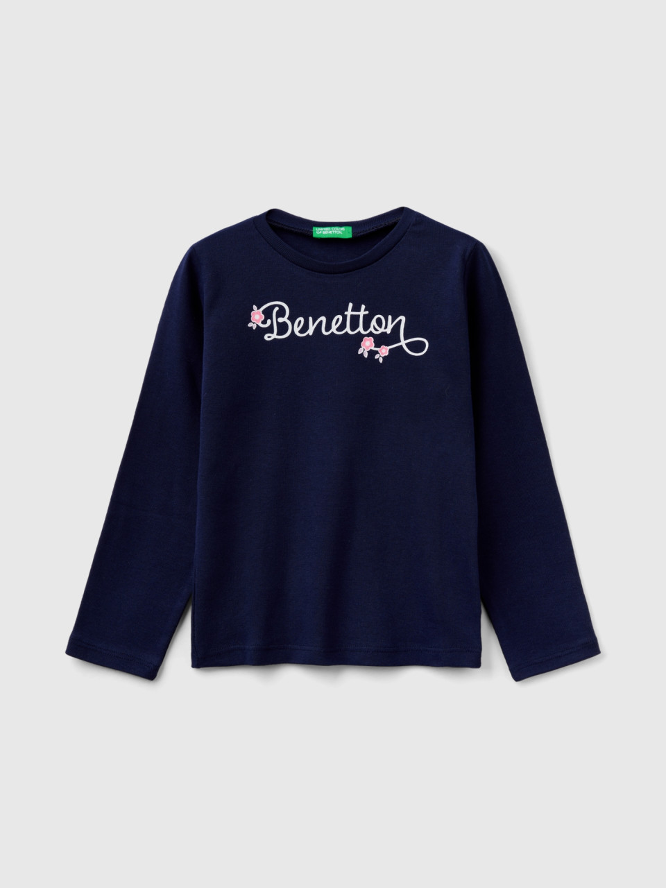 Benetton, T-shirt Manica Lunga Con Stampa Glitter, Blu Scuro, Bambini