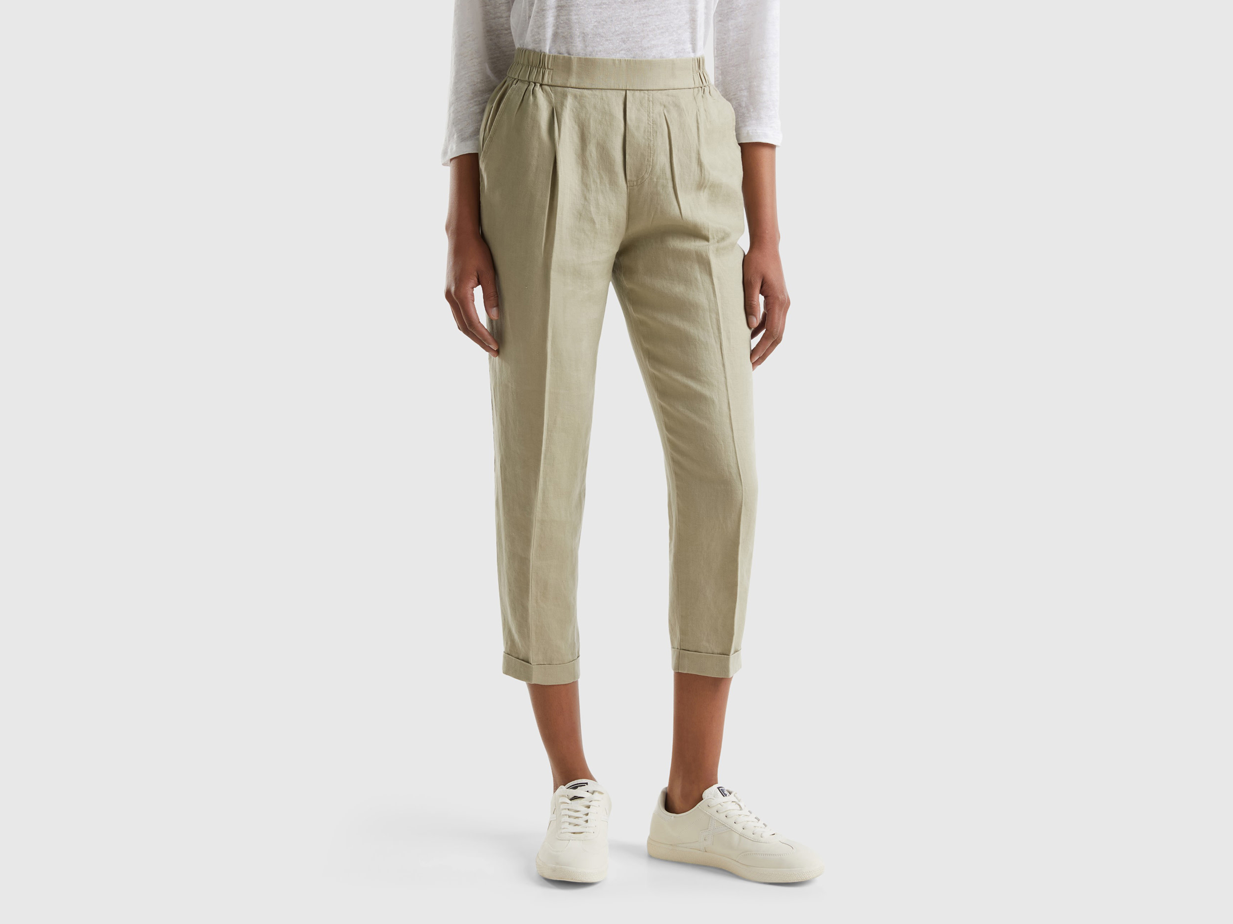 Benetton, Pantaloni Cropped In 100% Lino, Verde Chiaro, Donna