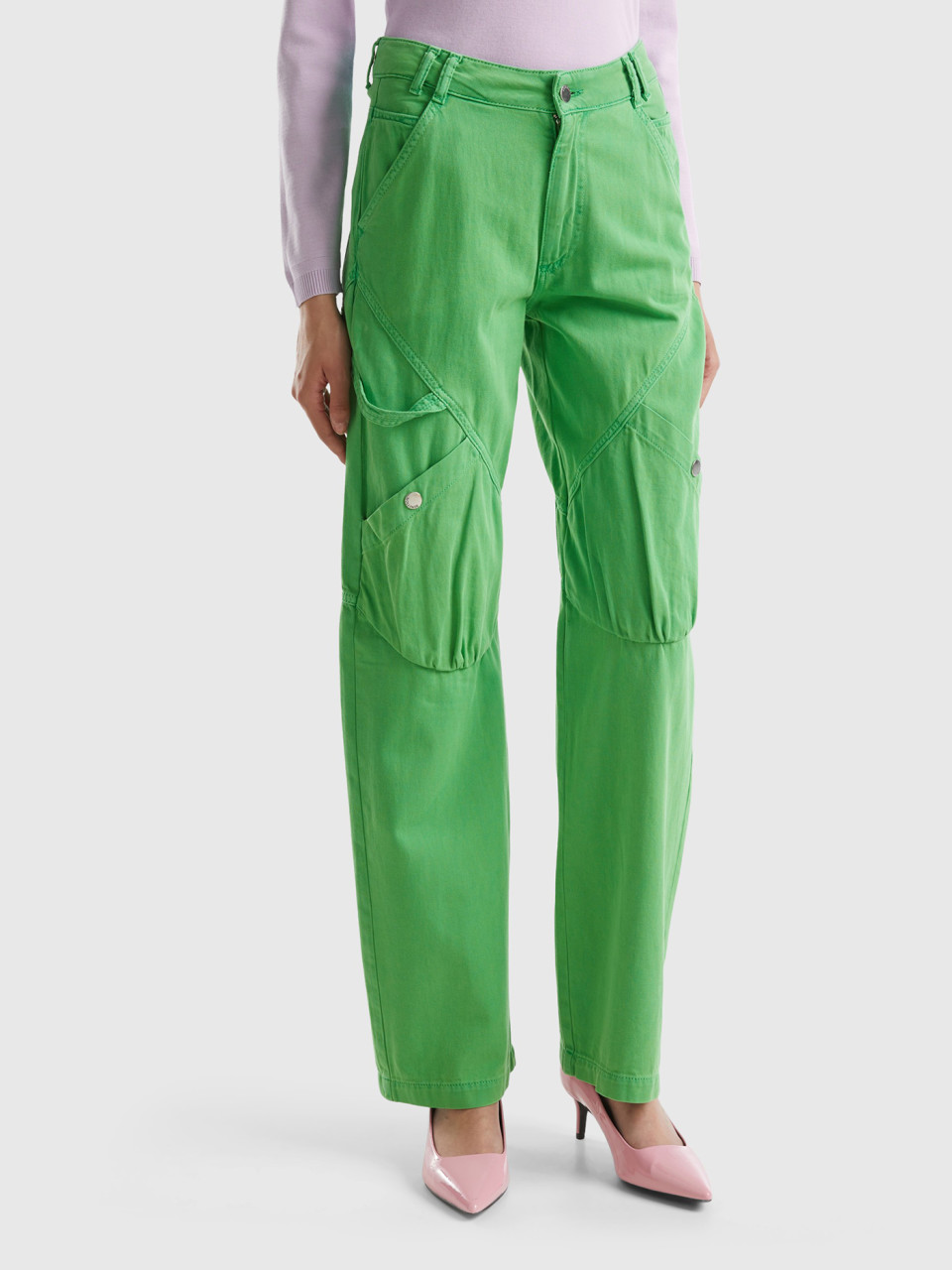 Benetton, Cargo Trousers In Cotton, Green, Women