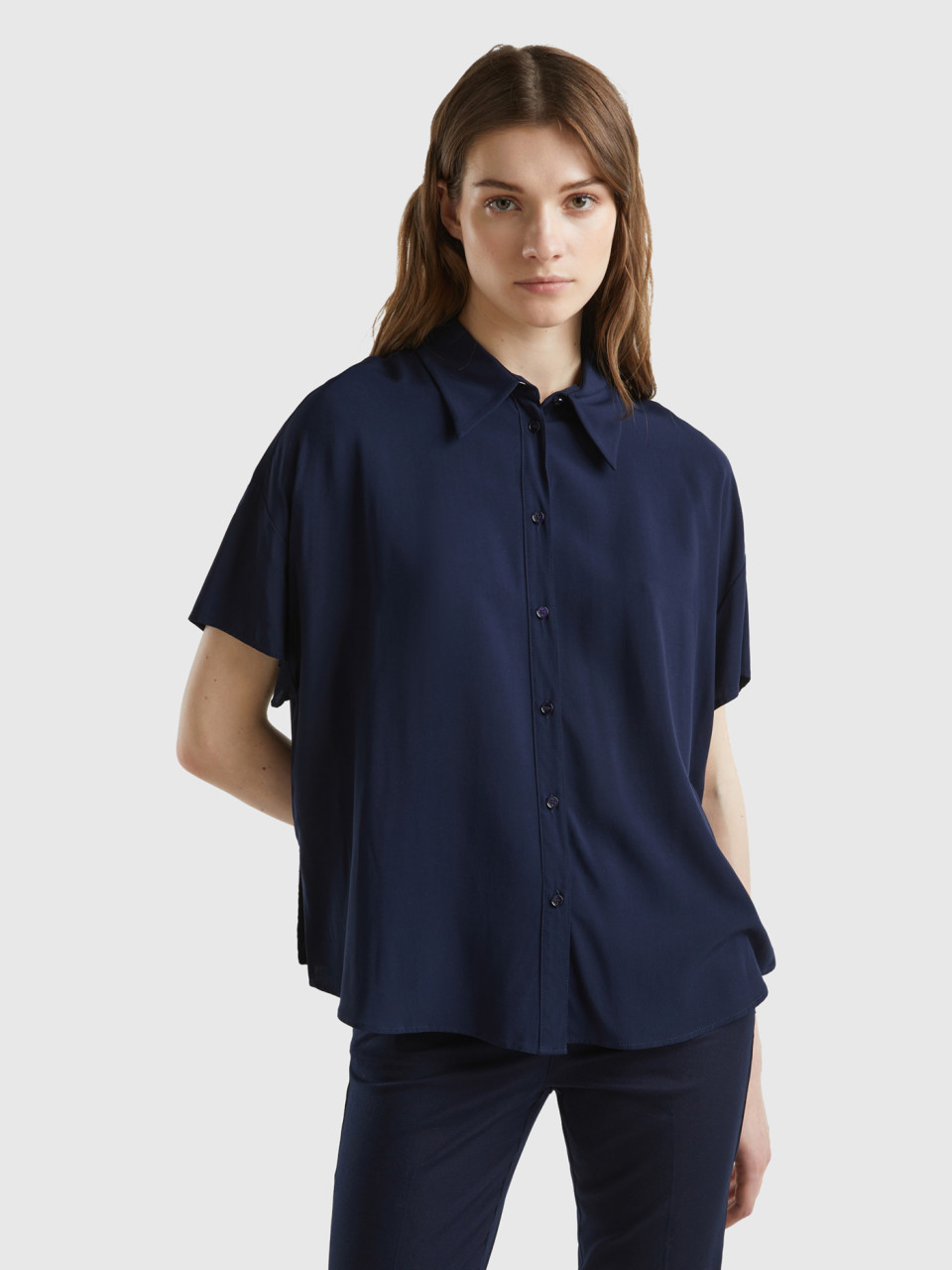 Benetton, Short Sleeve Shirt In Sustainable Viscose, Dark Blue, Women