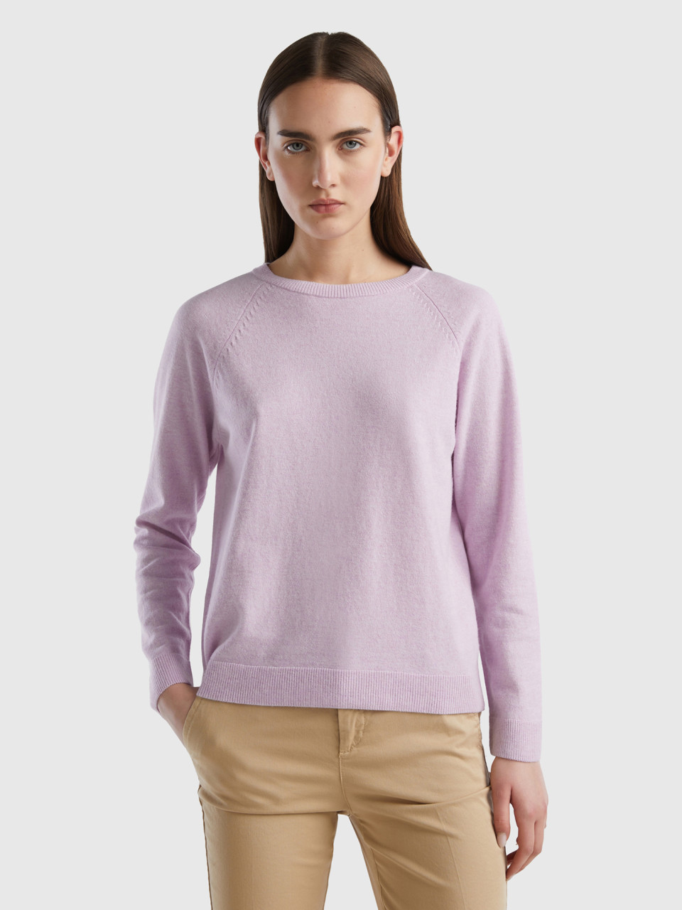 Benetton, Light Lilac Crew Neck Sweater In Cashmere And Wool Blend, Lilac, Women