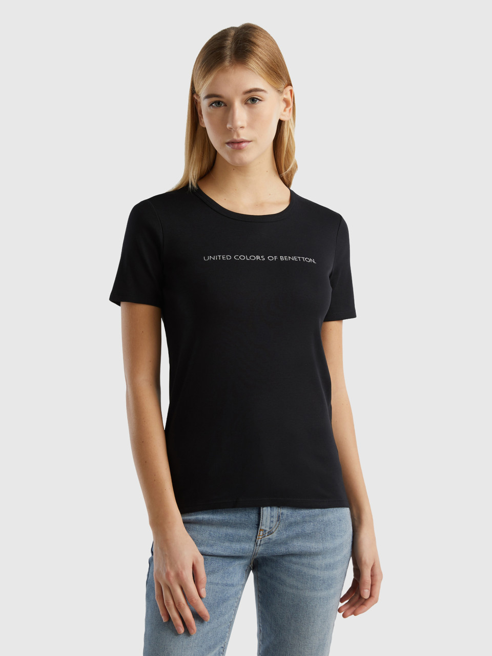 Benetton, Camiseta De 100% Algodón Con Estampado De Logotipo Con Glitter, Negro, Mujer