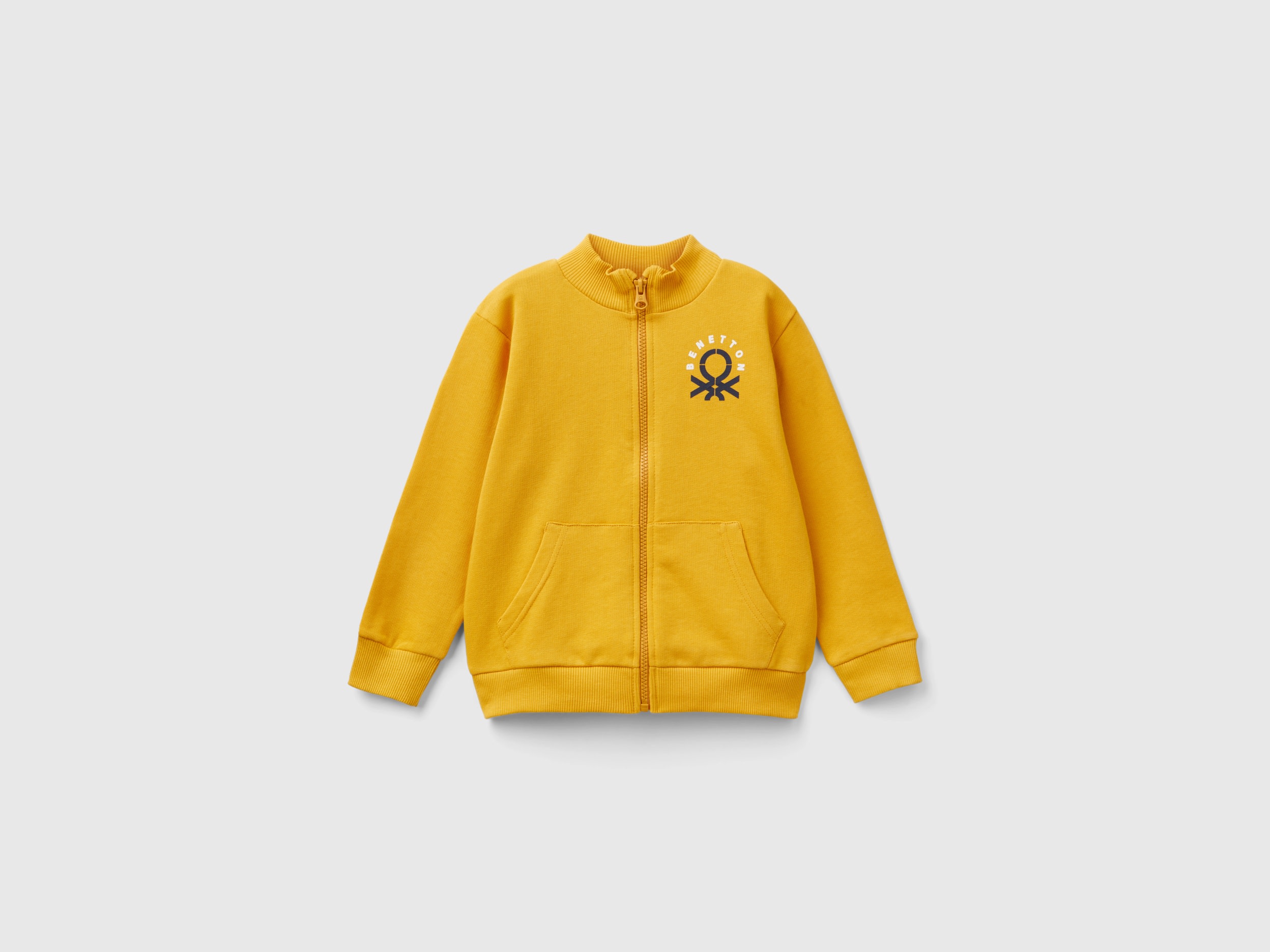 Benetton, Felpa In Cotone Bio Con Zip, Senape, Bambini