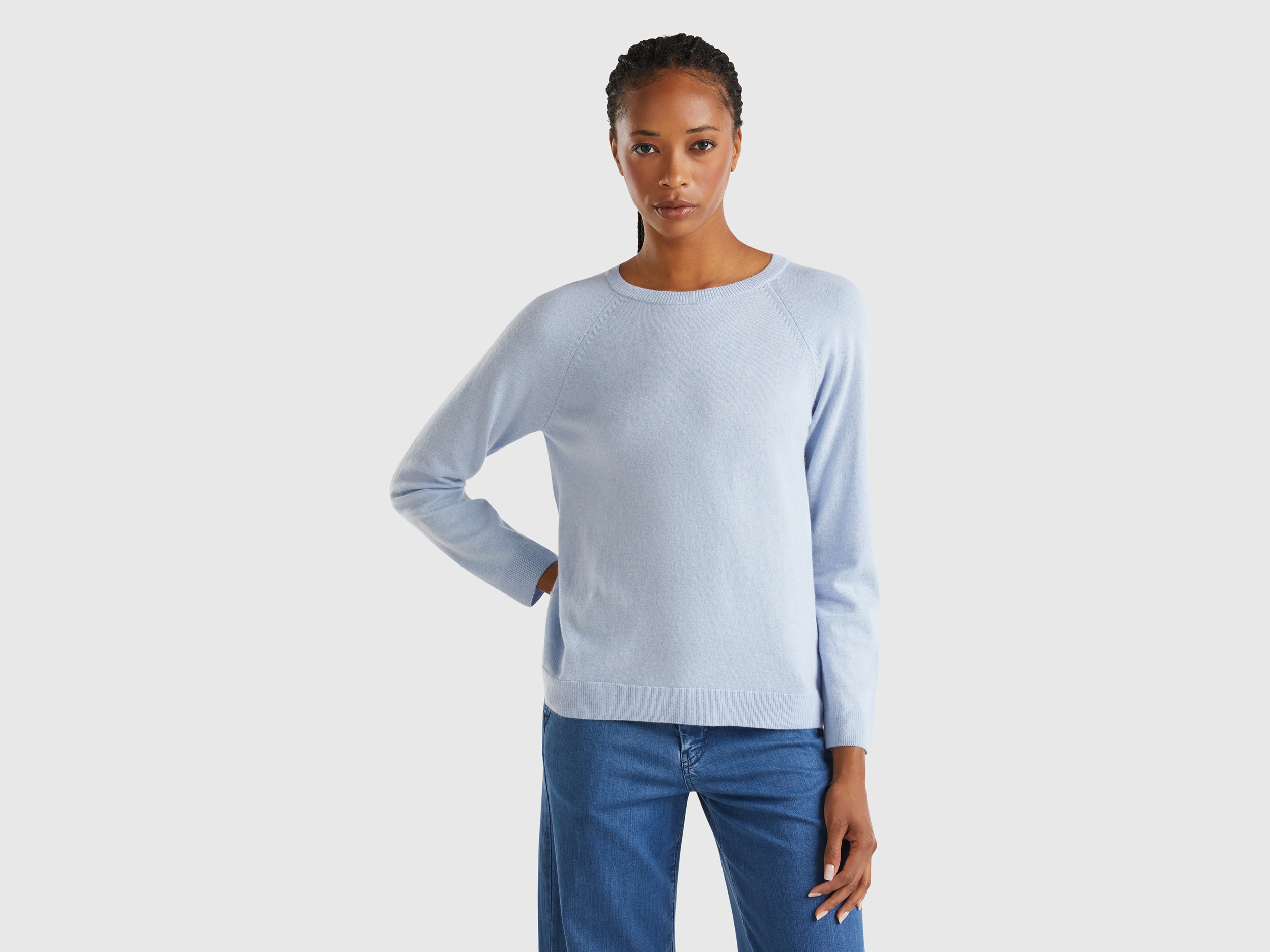 Benetton, Maglia Girocollo Carta Da Zucchero In Misto Lana E Cashmere, Azzurro, Donna