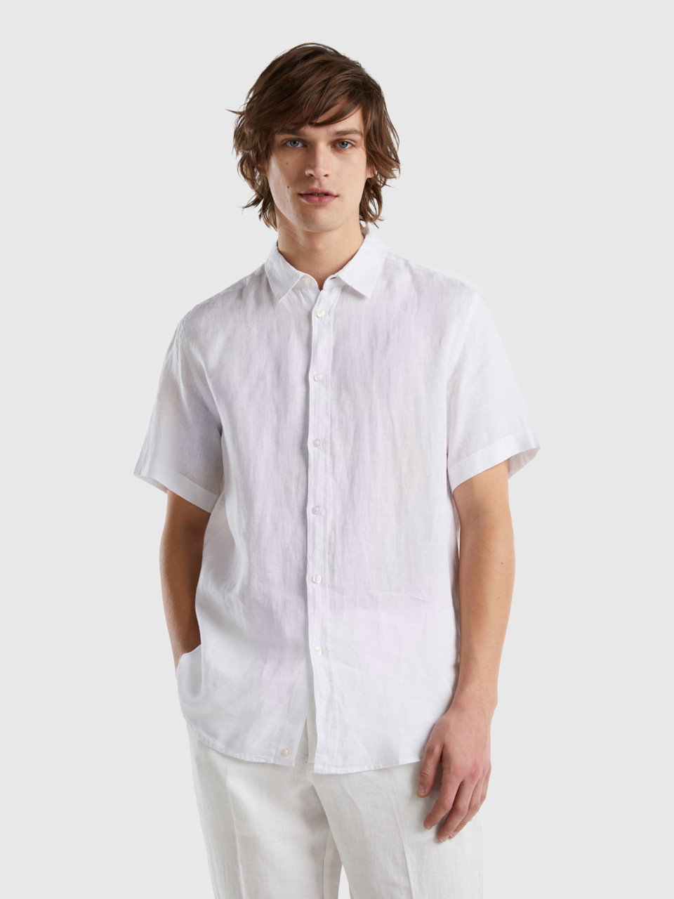 Benetton, 100% Linen Short Sleeve Shirt, White, Men