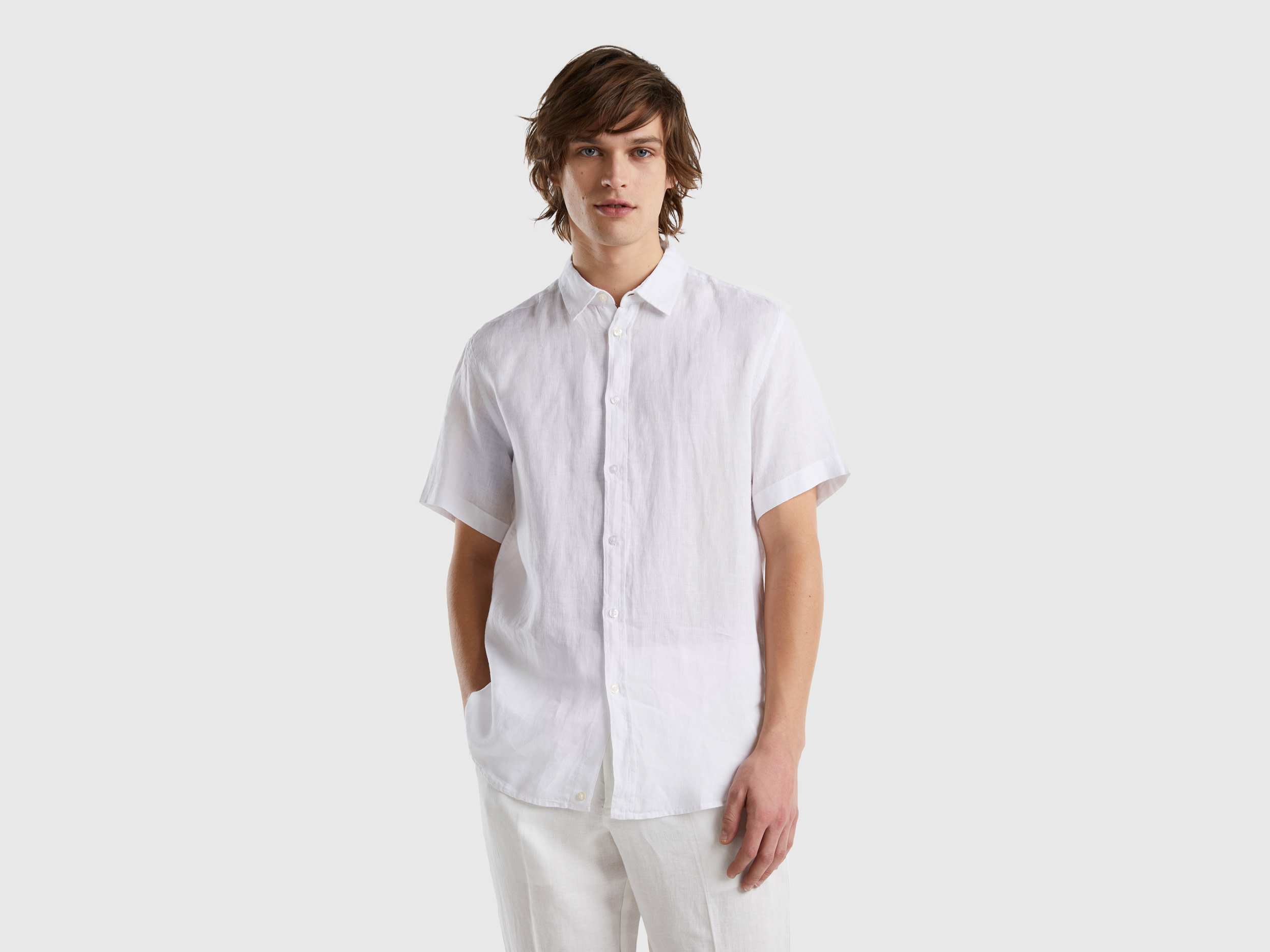 Benetton, 100% Linen Short Sleeve Shirt, size XXL, White, Men