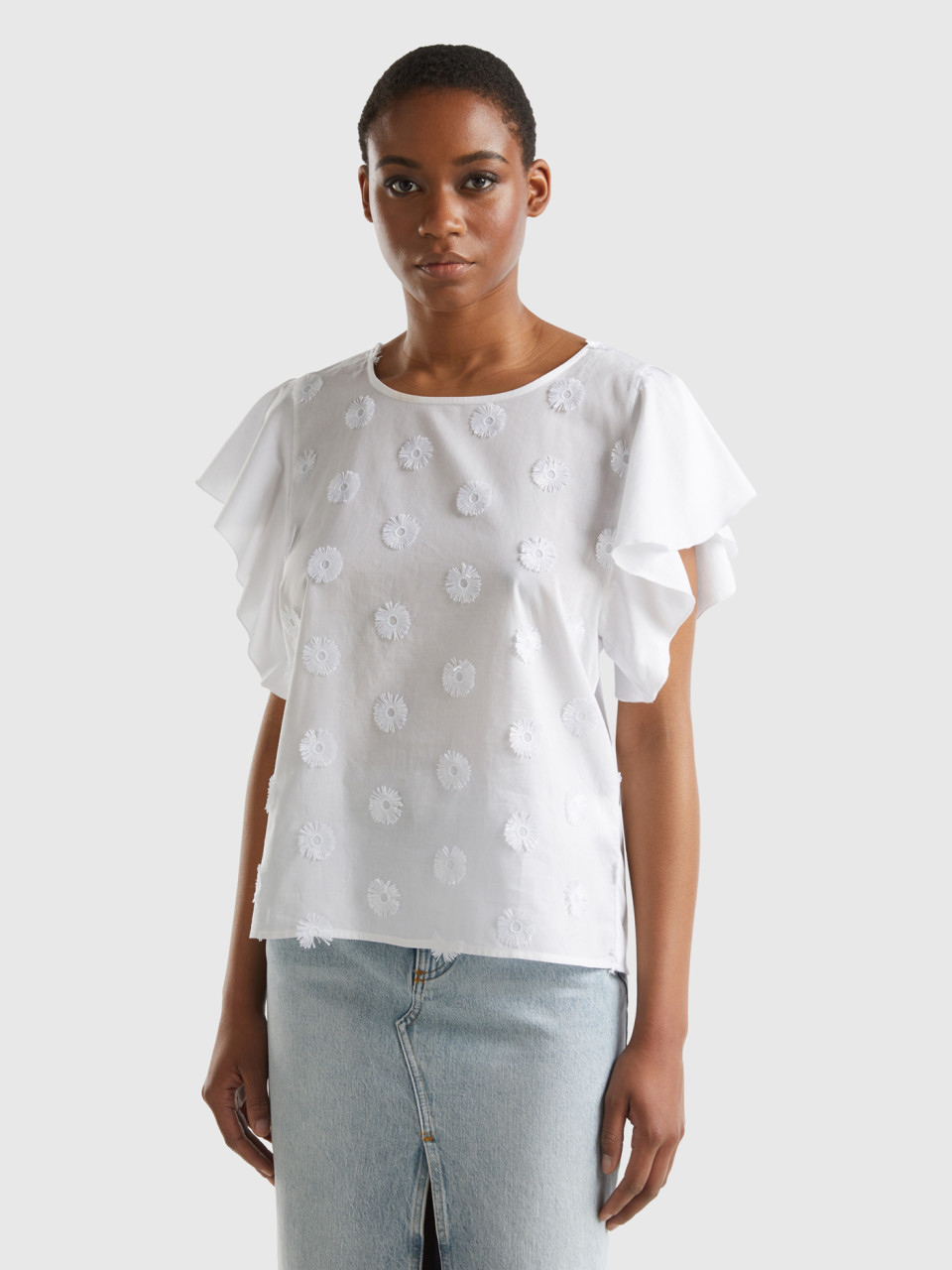 Benetton, T-shirt With Embroidered Flowers, White, Women