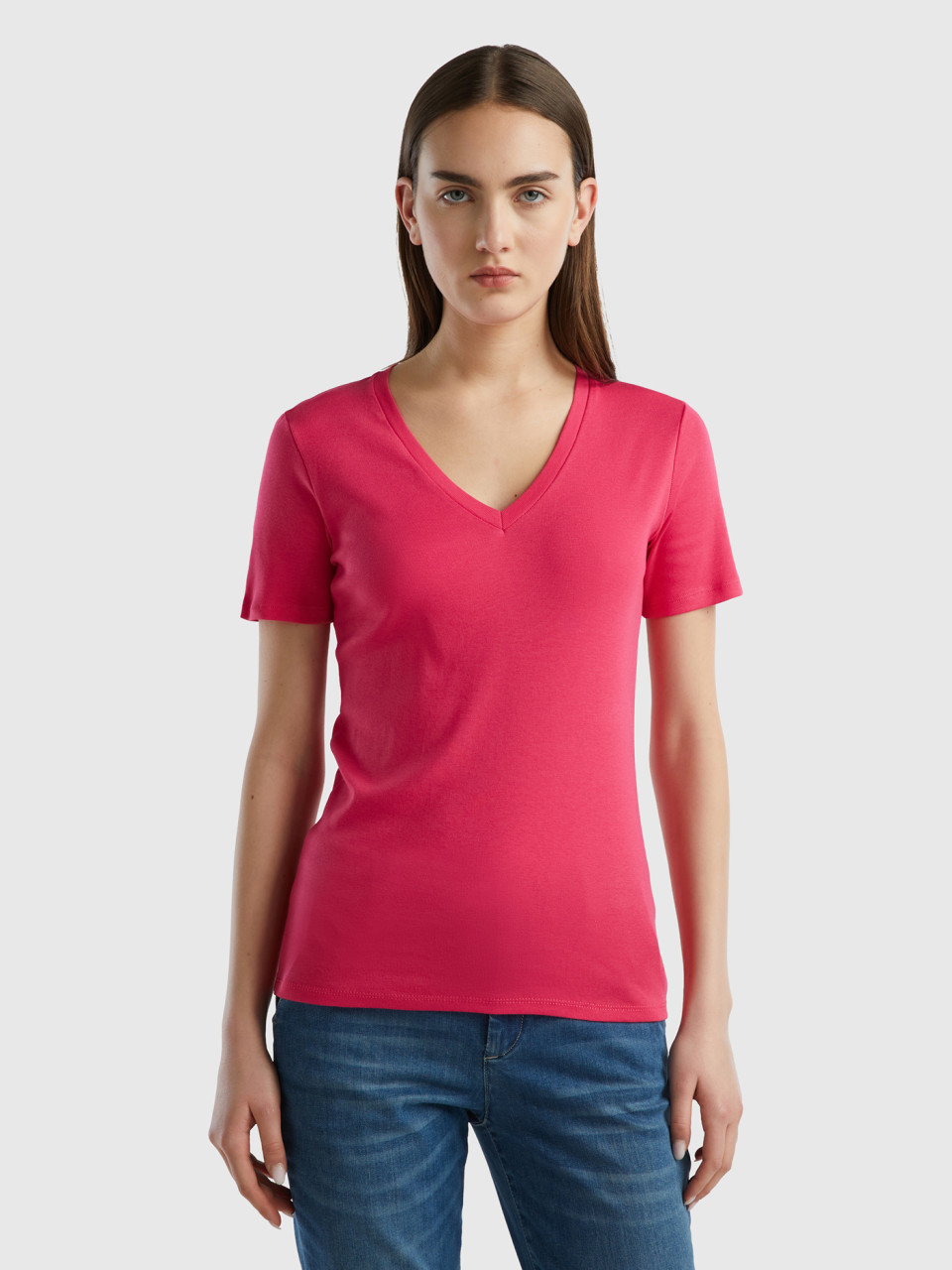 Benetton, Pure Cotton T-shirt With V-neck, Fuchsia, Women