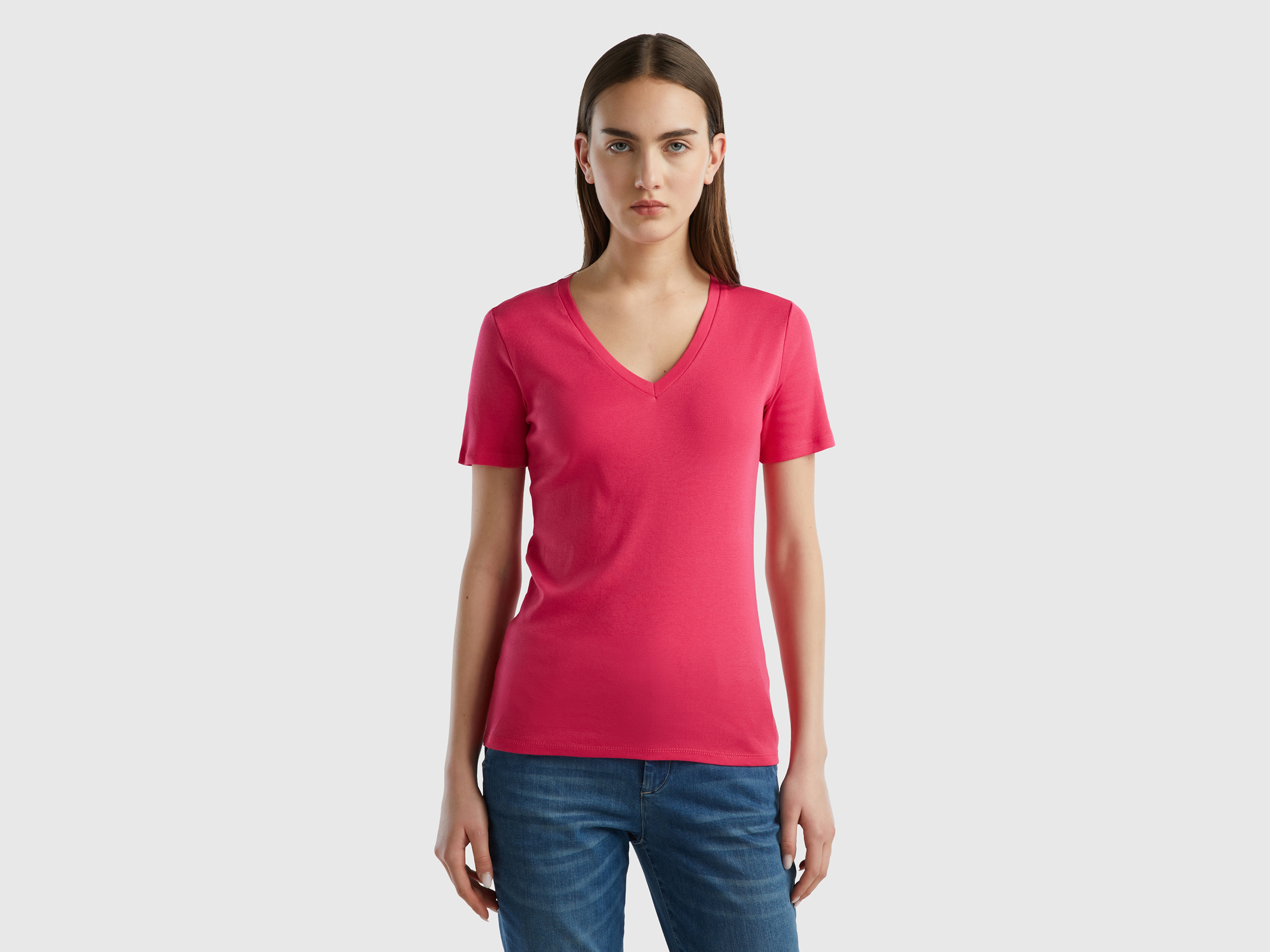 Benetton, Pure Cotton T-shirt With V-neck, size M, Fuchsia, Women