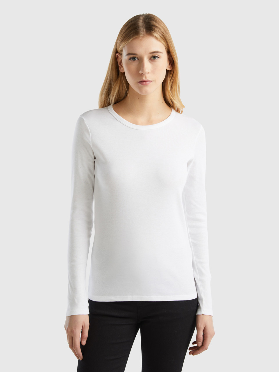 Benetton, T-shirt Manches Longues En Pur Coton, Blanc, Femme