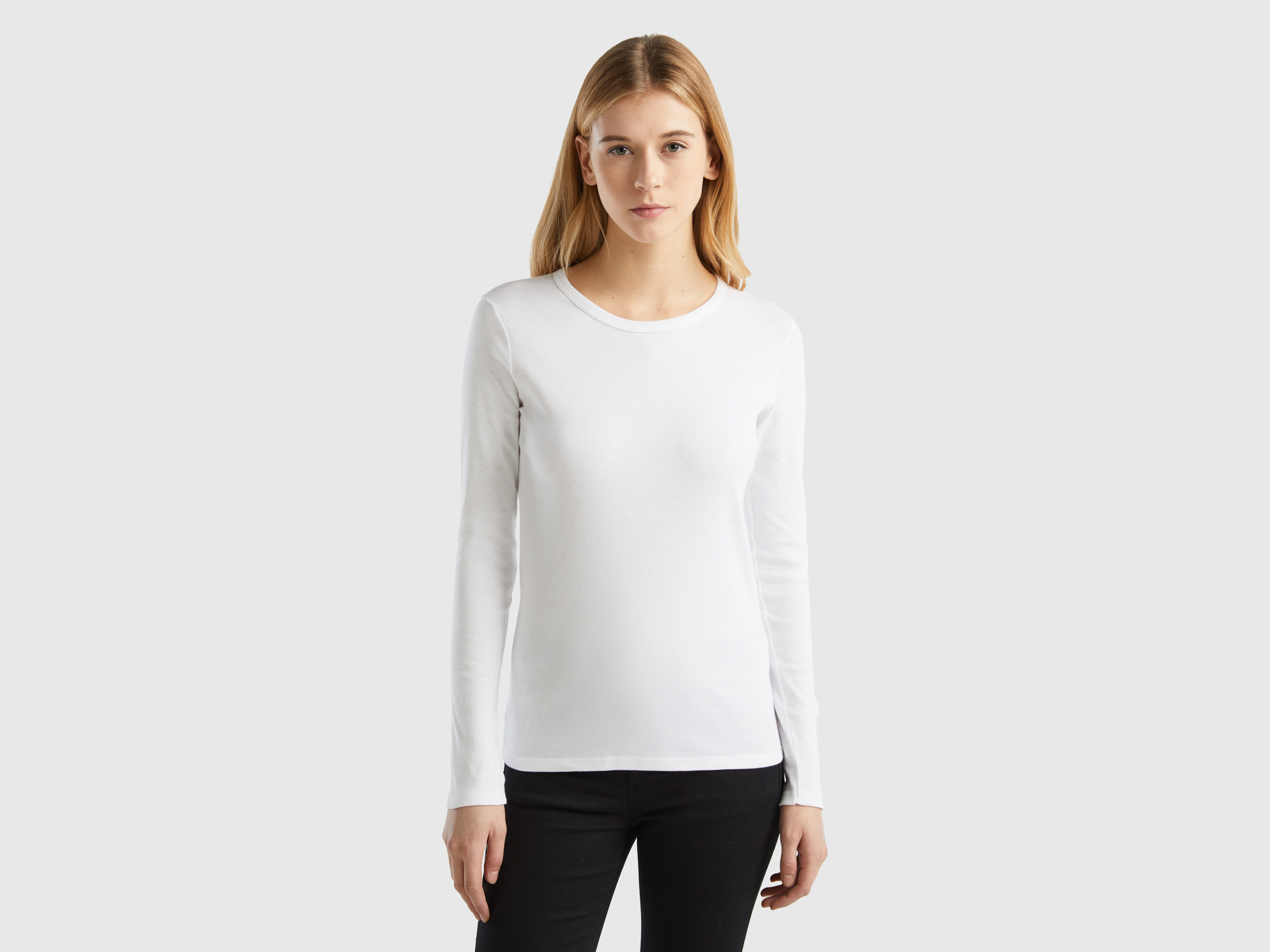 Benetton, Long Sleeve Pure Cotton T-shirt, size XXS, White, Women