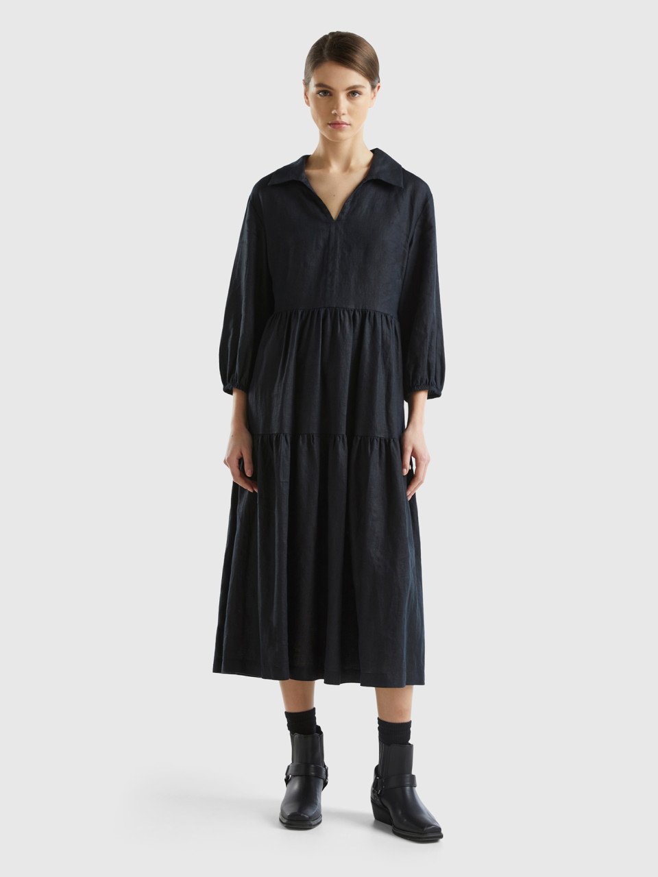 Benetton, Dress With Ruffles In Pure Linen, Black, Women